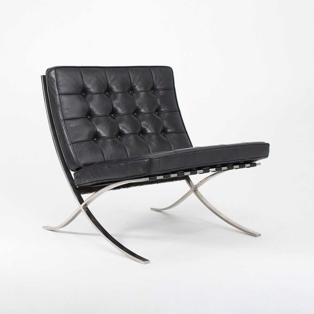 1980s 250LS Barcelona Chair by Mies van der Rohe for Knoll in Polished Stainless Steel and Black Leather