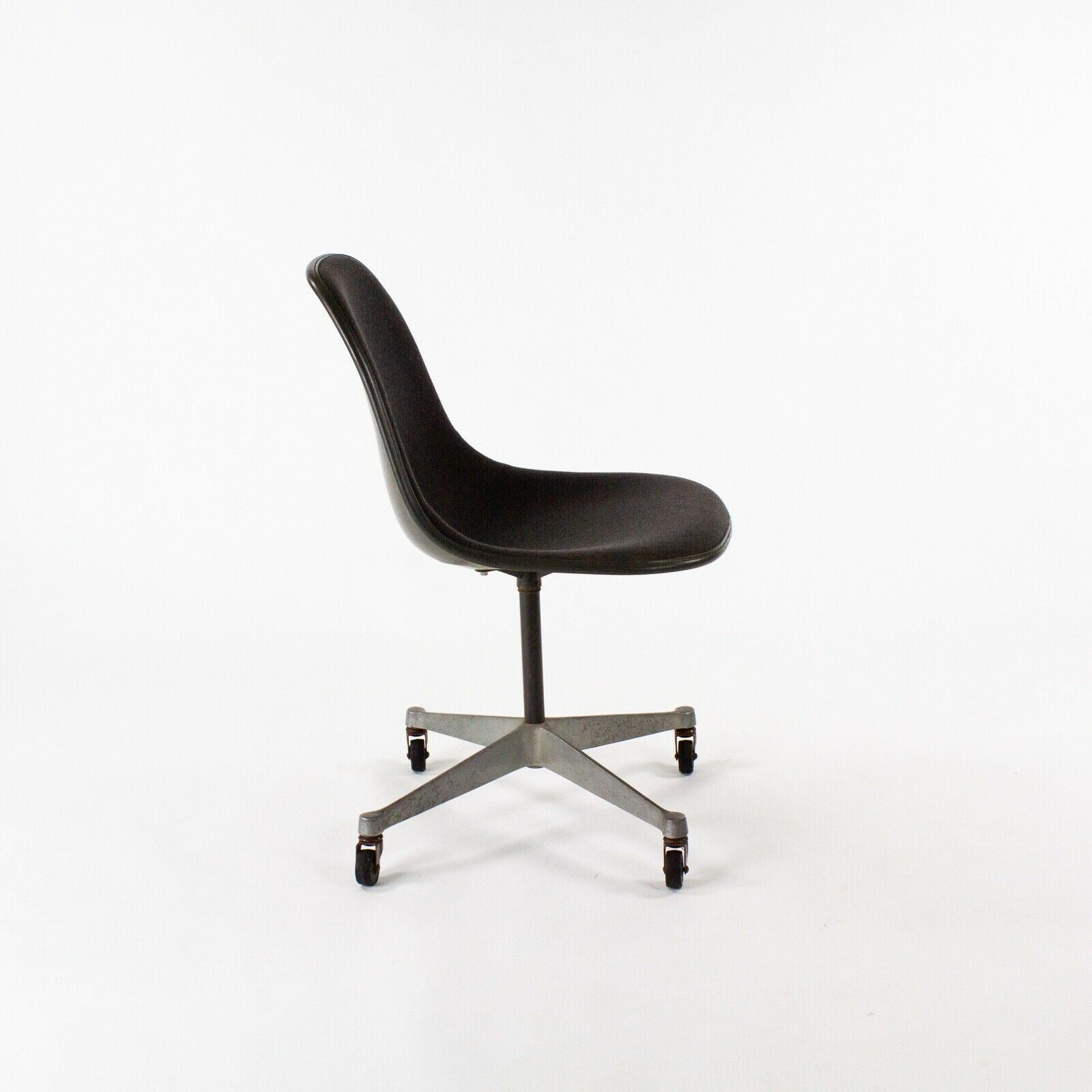 SOLD 1980s Herman Miller Eames Black Fabric Upholstered Side Shell Chair with Wheels