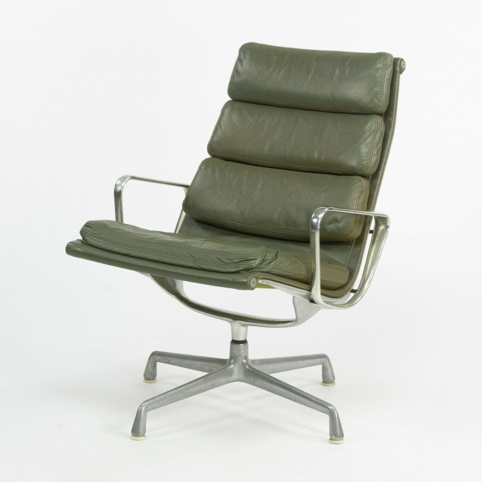 SOLD 1970s Herman Miller Eames Aluminum Group Soft Pad Lounge Chair in Green Leather