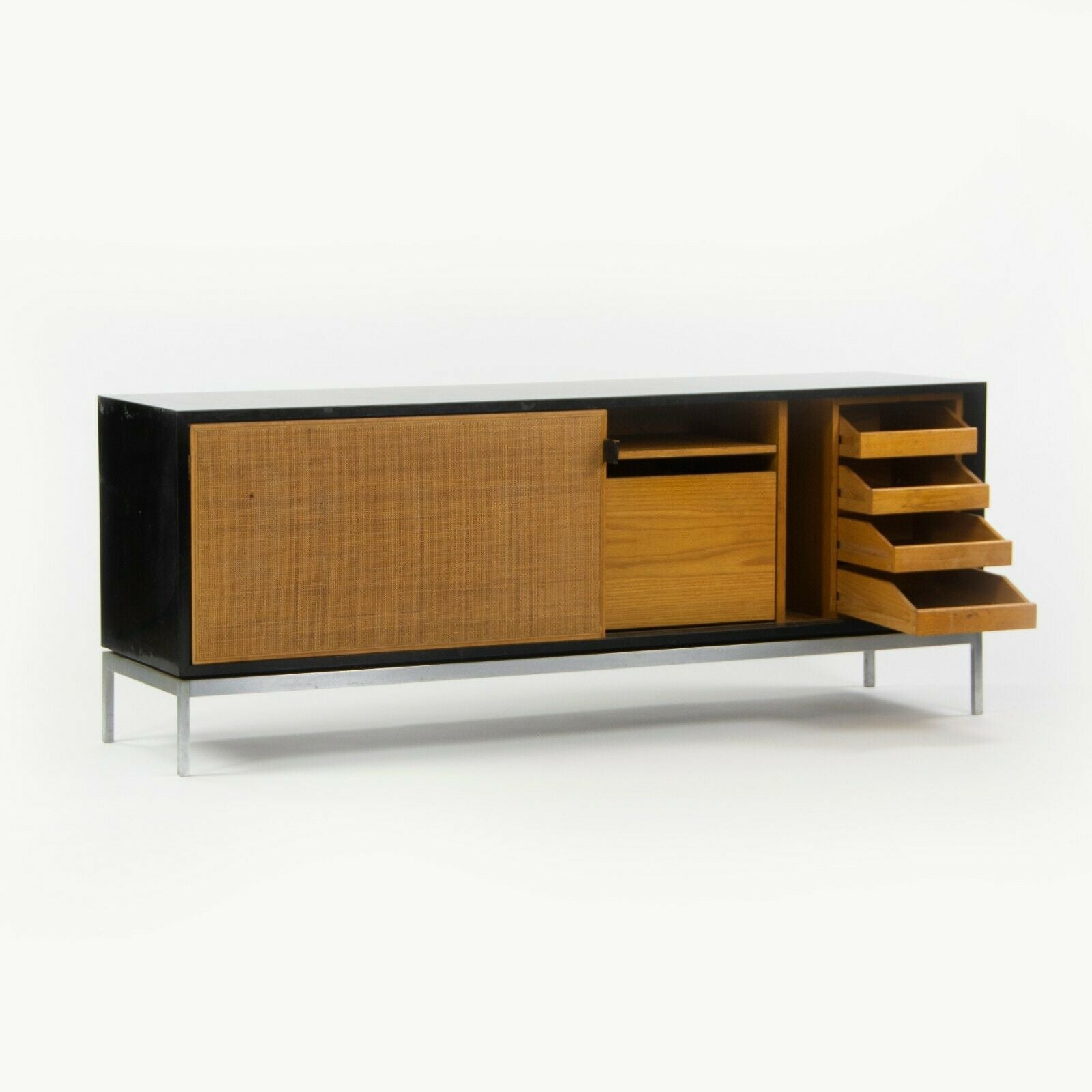 SOLD 1960s Rare Florence Knoll Black Lacquer & Cane Credenza w Chrome Base No. 116