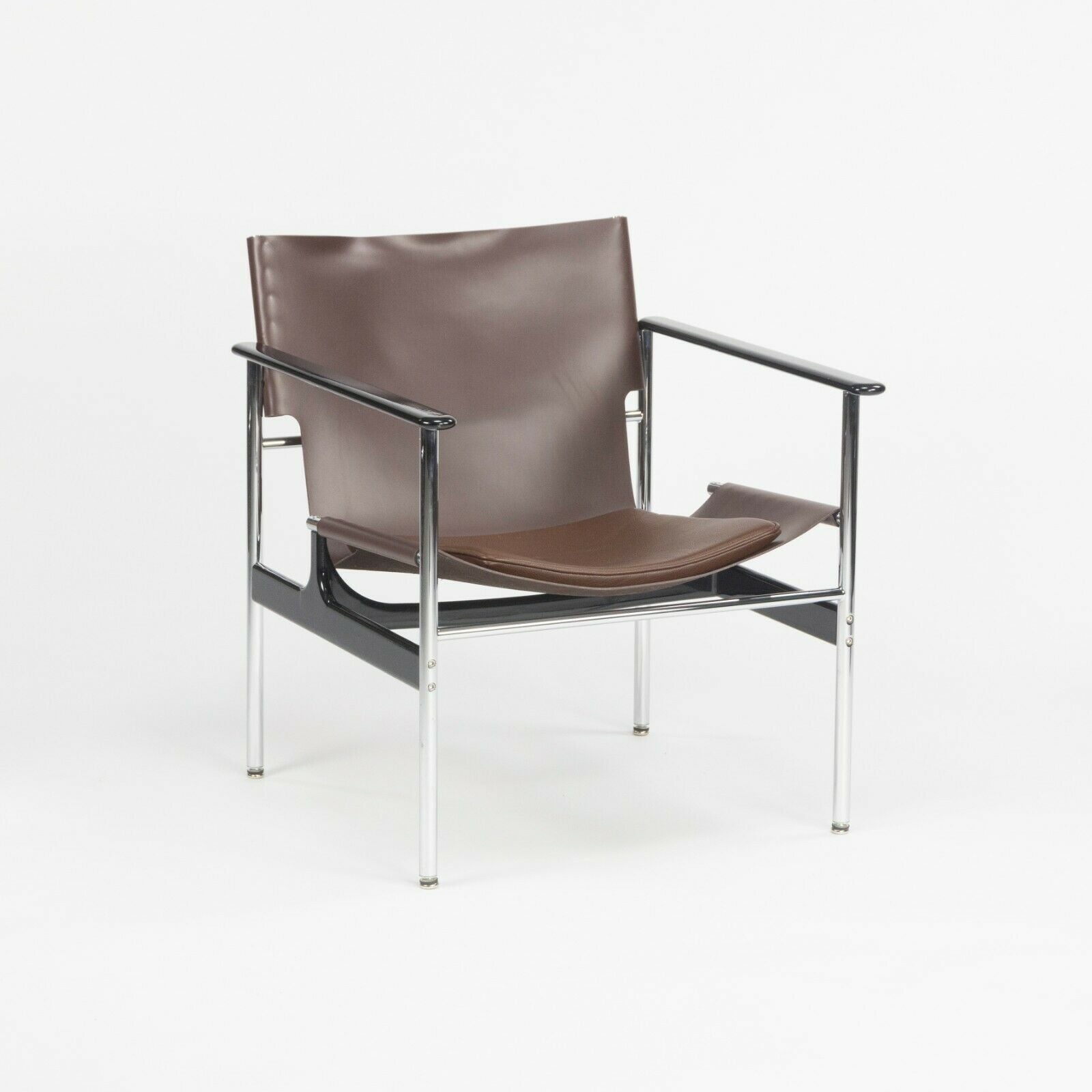 2020 Charles Pollock for Knoll Sling Arm Chair in Brown Leather and Chrome # 657