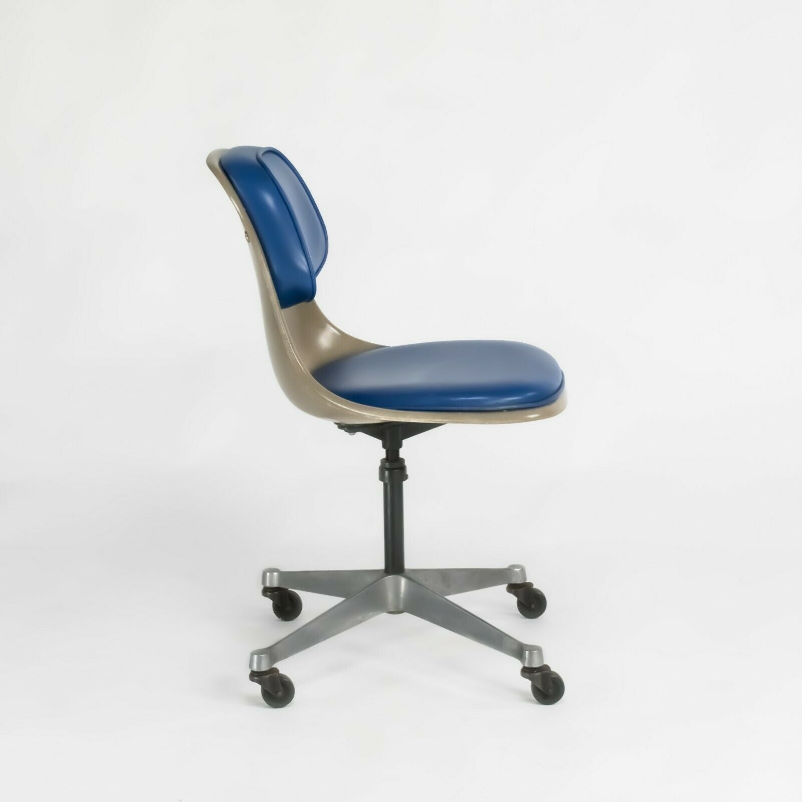 SOLD 1961 PSCC-A-4 Herman Miller Eames Rolling Side Shell Chair in Blue Naugahyde