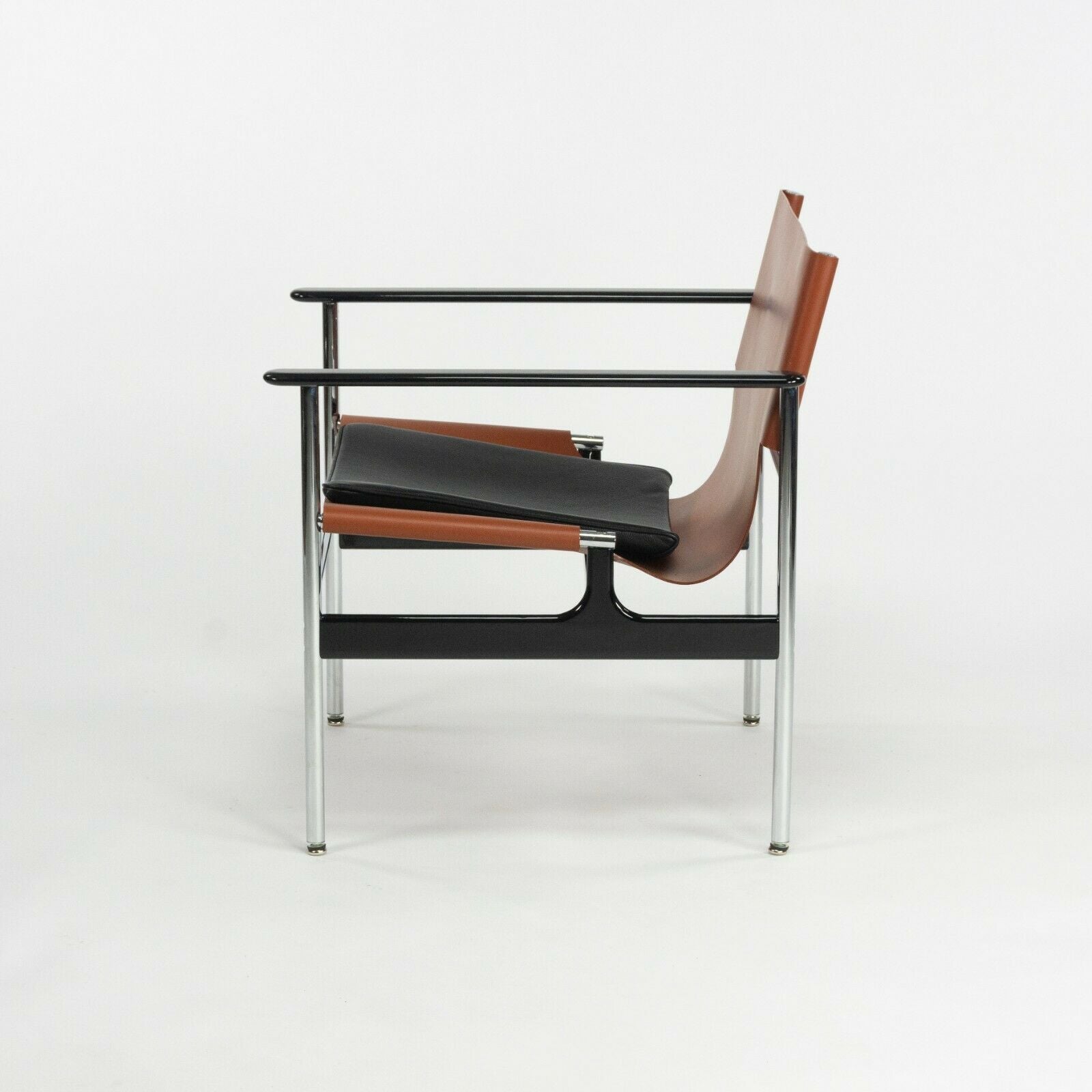 SOLD 2020 Charles Pollock for Knoll Sling Arm Chair Cognac & Black Leather Chrome 657