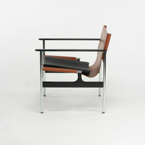 SOLD 2020 Charles Pollock for Knoll Sling Arm Chair Cognac & Black Leather Chrome 657