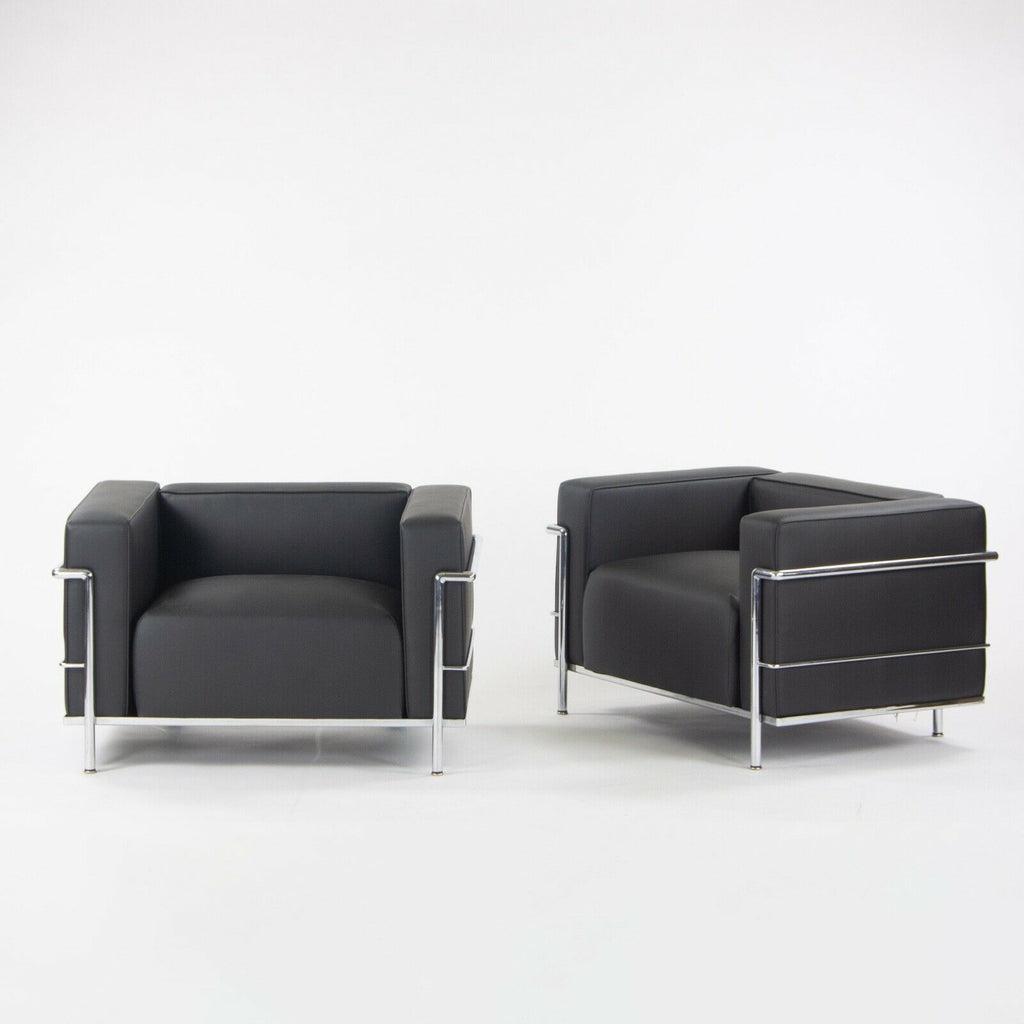 SOLD 1980s Pair of Cassina Le Corbusier LC3 Lounge Chairs with New Black Upholstery