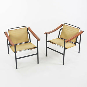 SOLD 1980s Vintage Pair Le Corbusier Cassina LC1 Basculant Lounge Chairs Canvas Upholstery