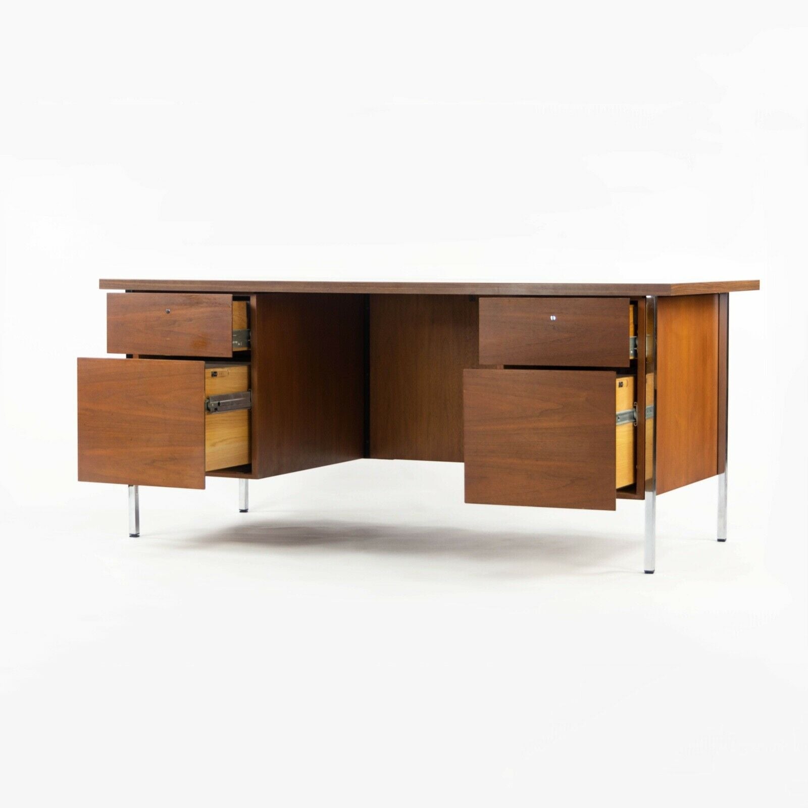1950s Florence Knoll Double Pedestal Walnut Chrome and Laminate Executive Desk