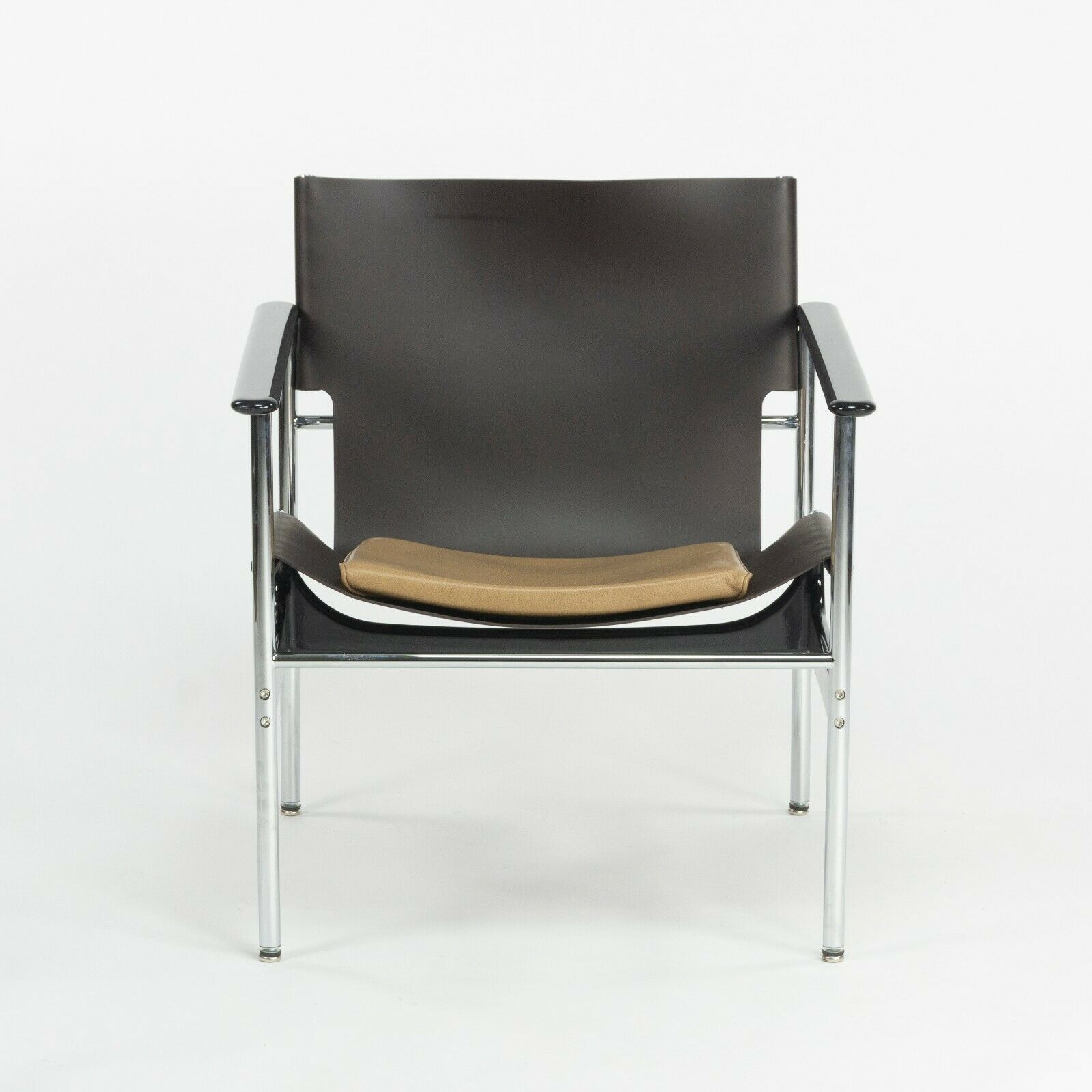 SOLD 2020 Charles Pollock for Knoll Sling Arm Chair Brown and Tan Leather Chrome 657