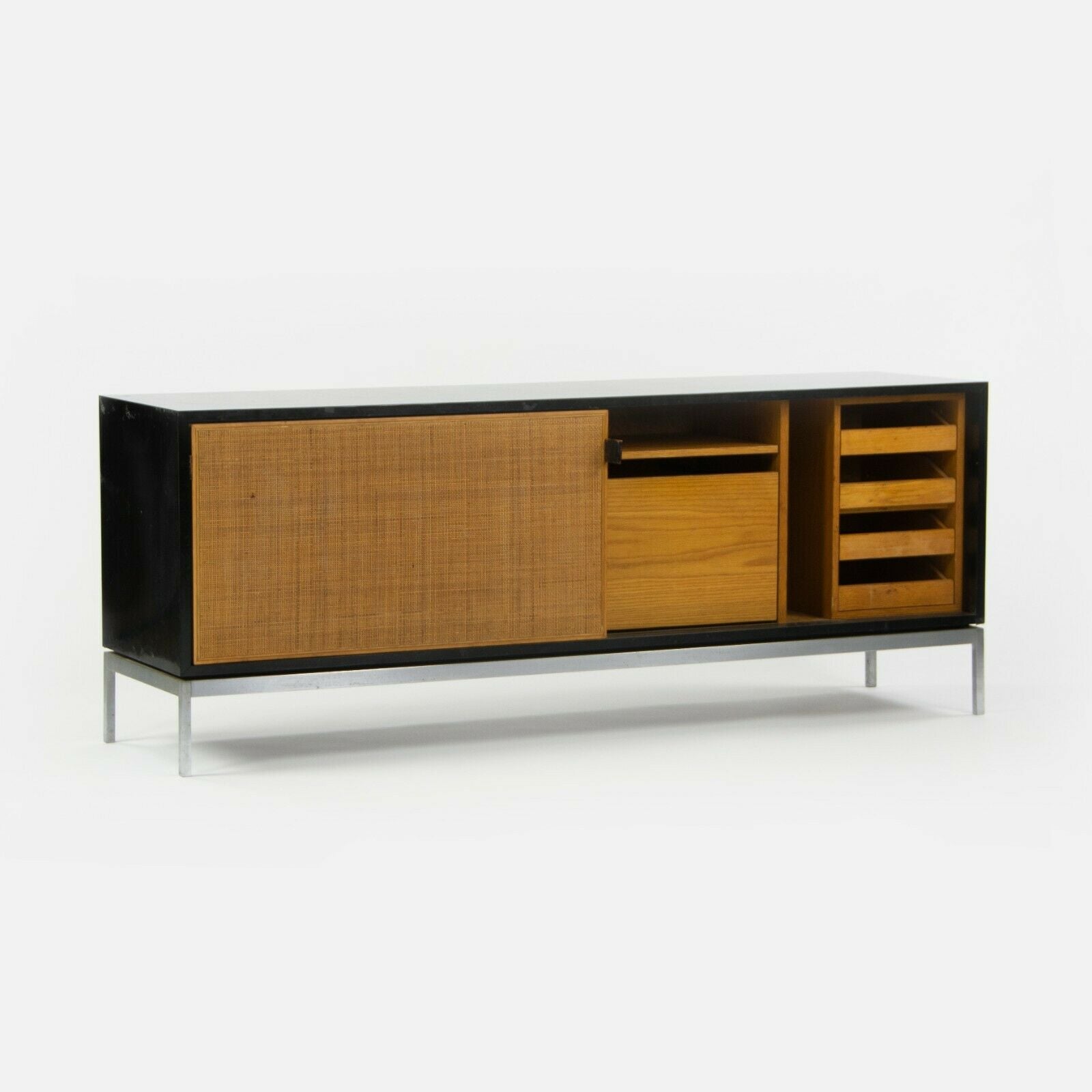 SOLD 1960s Rare Florence Knoll Black Lacquer & Cane Credenza w Chrome Base No. 116