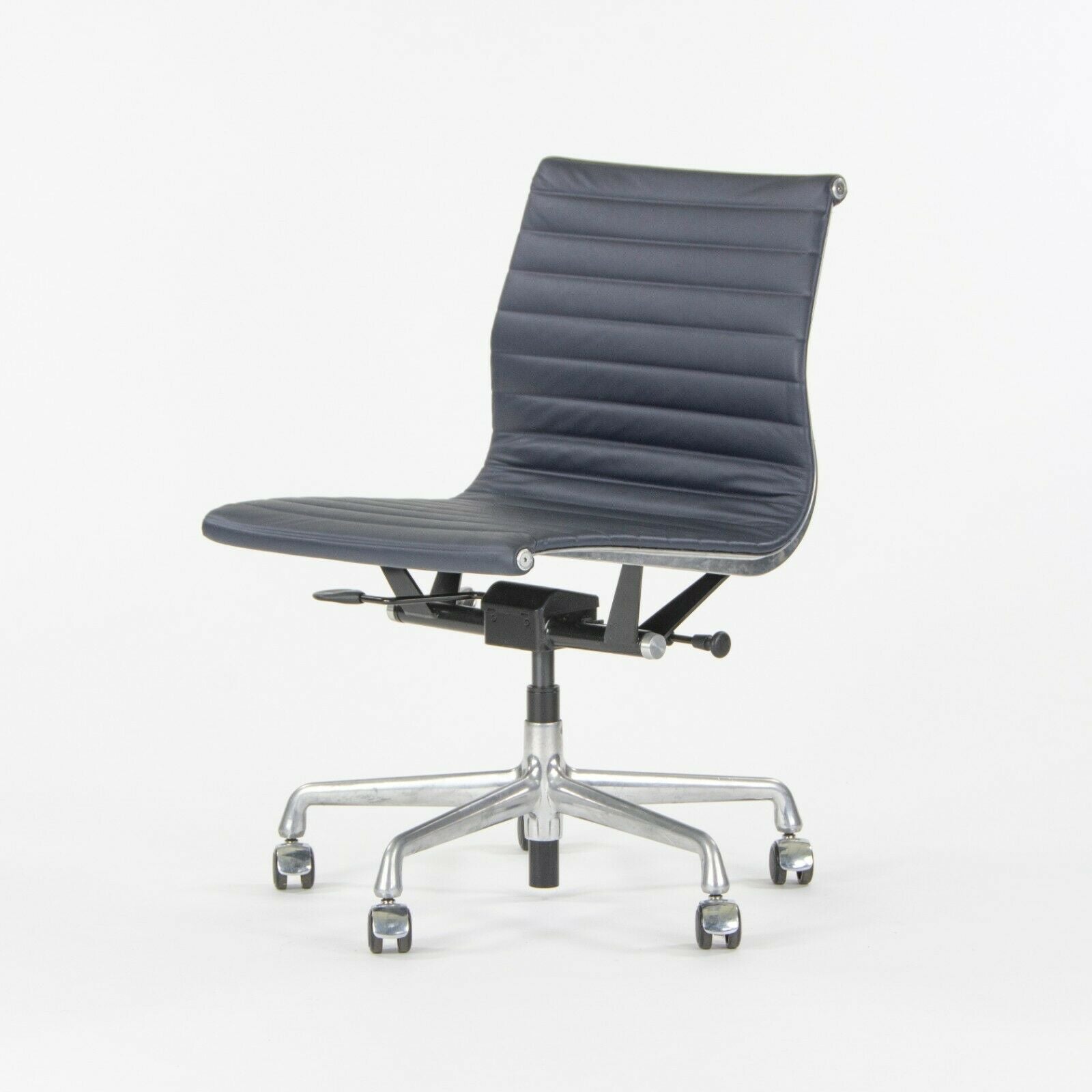 SOLD Herman Miller Eames Aluminum Group Management Armless Desk Chairs in Navy Leather