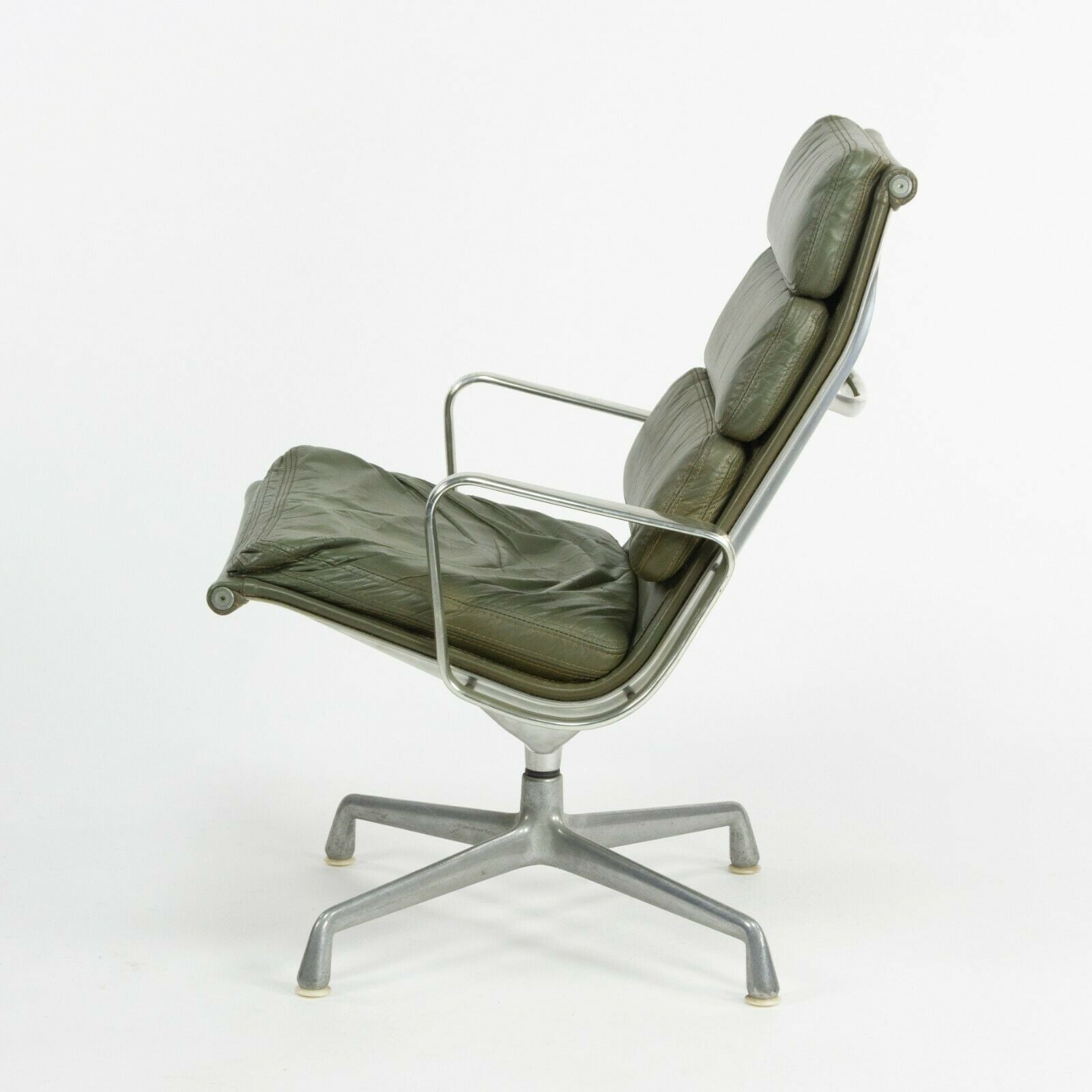 SOLD 1970s Herman Miller Eames Aluminum Group Soft Pad Lounge Chair in Green Leather