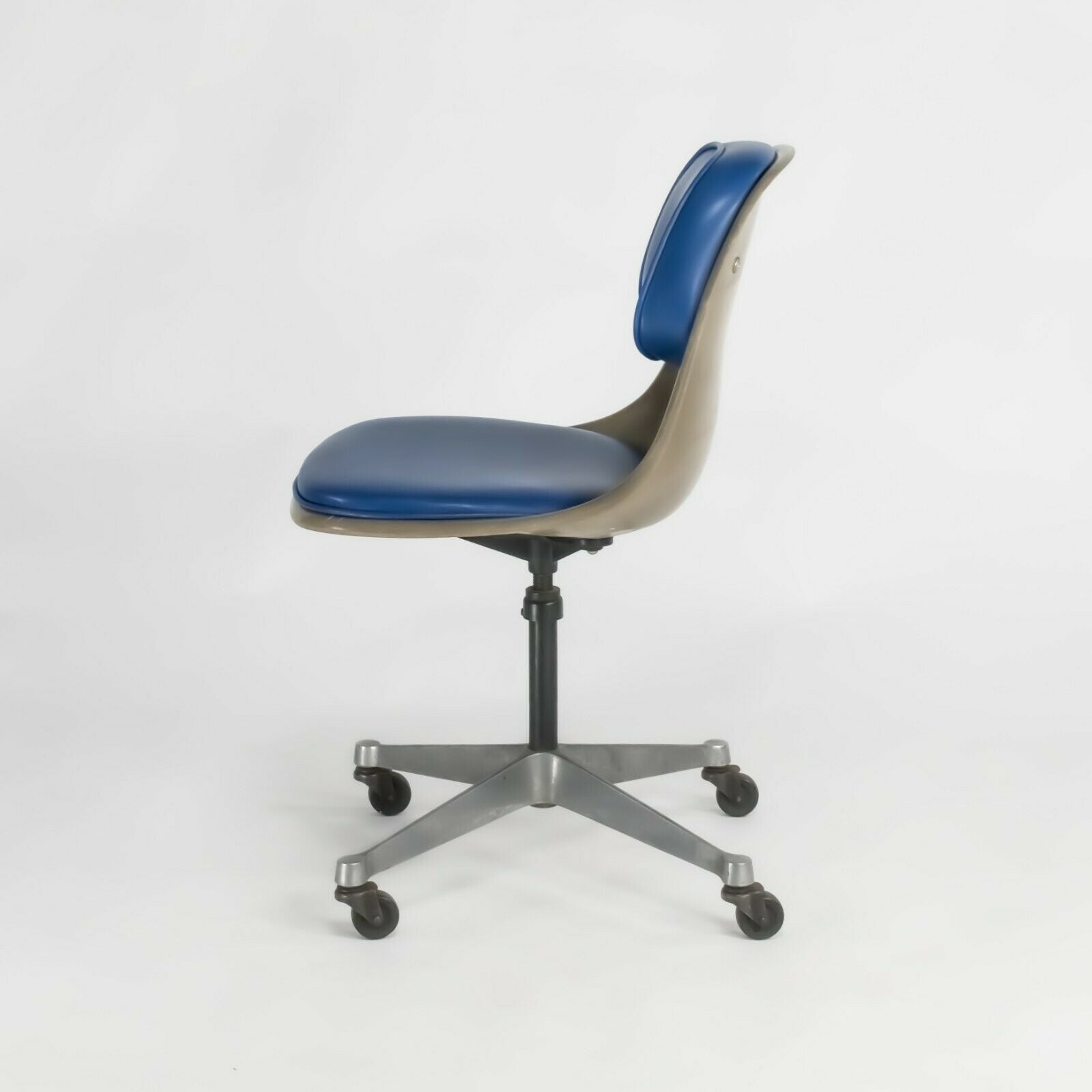 SOLD 1961 PSCC-A-4 Herman Miller Eames Rolling Side Shell Chair in Blue Naugahyde