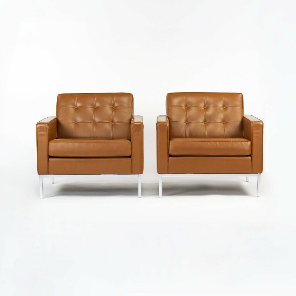 2012 Pair of Florence Knoll Club / Lounge Chairs in Dark Tan or Caramel Leather