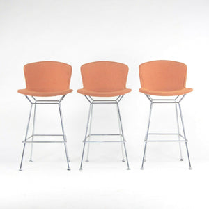 SOLD Set of 3 Harry Bertoia Knoll Wire Chrome Bar Stools w/ Orange Fabric Full Covers