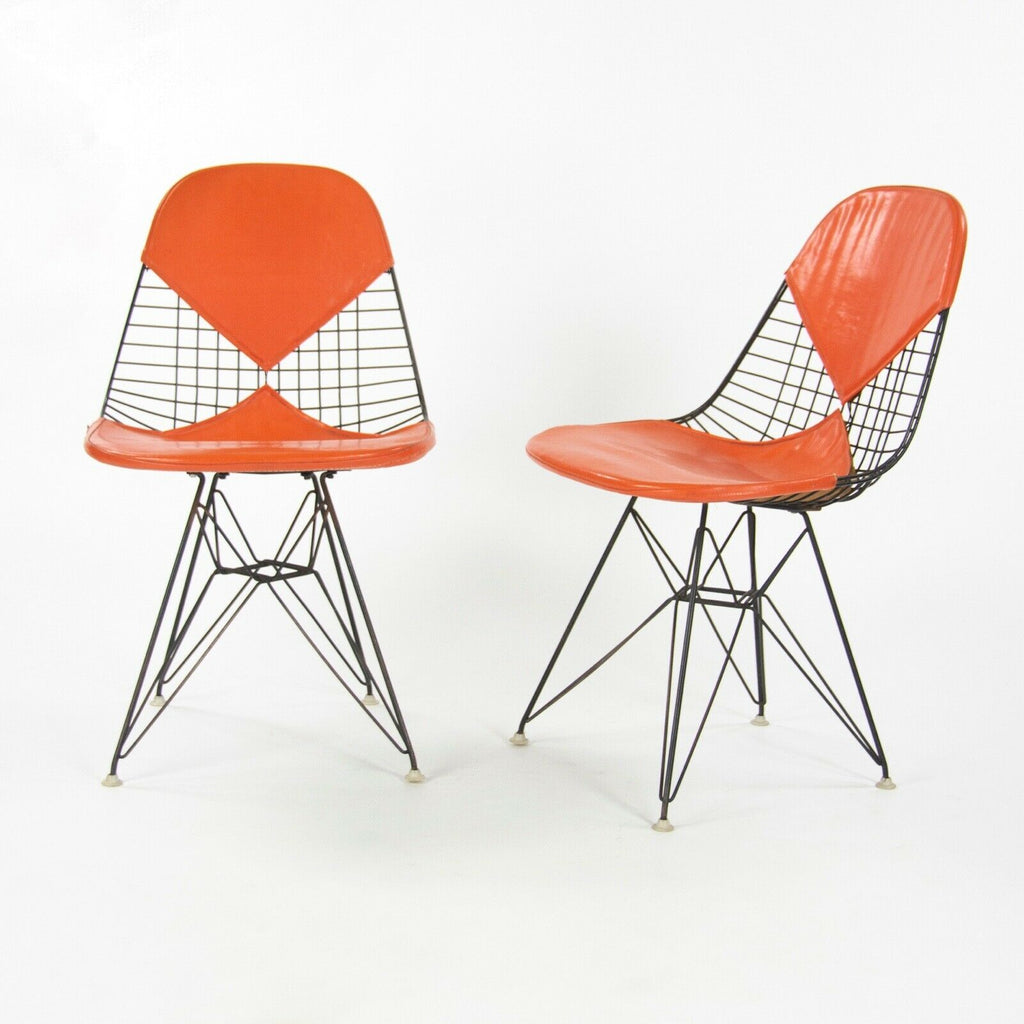 SOLD 1956 Pair of Herman Miller Eames DKR-1 Wire Dining Chairs w/ Orange Bikini Pads