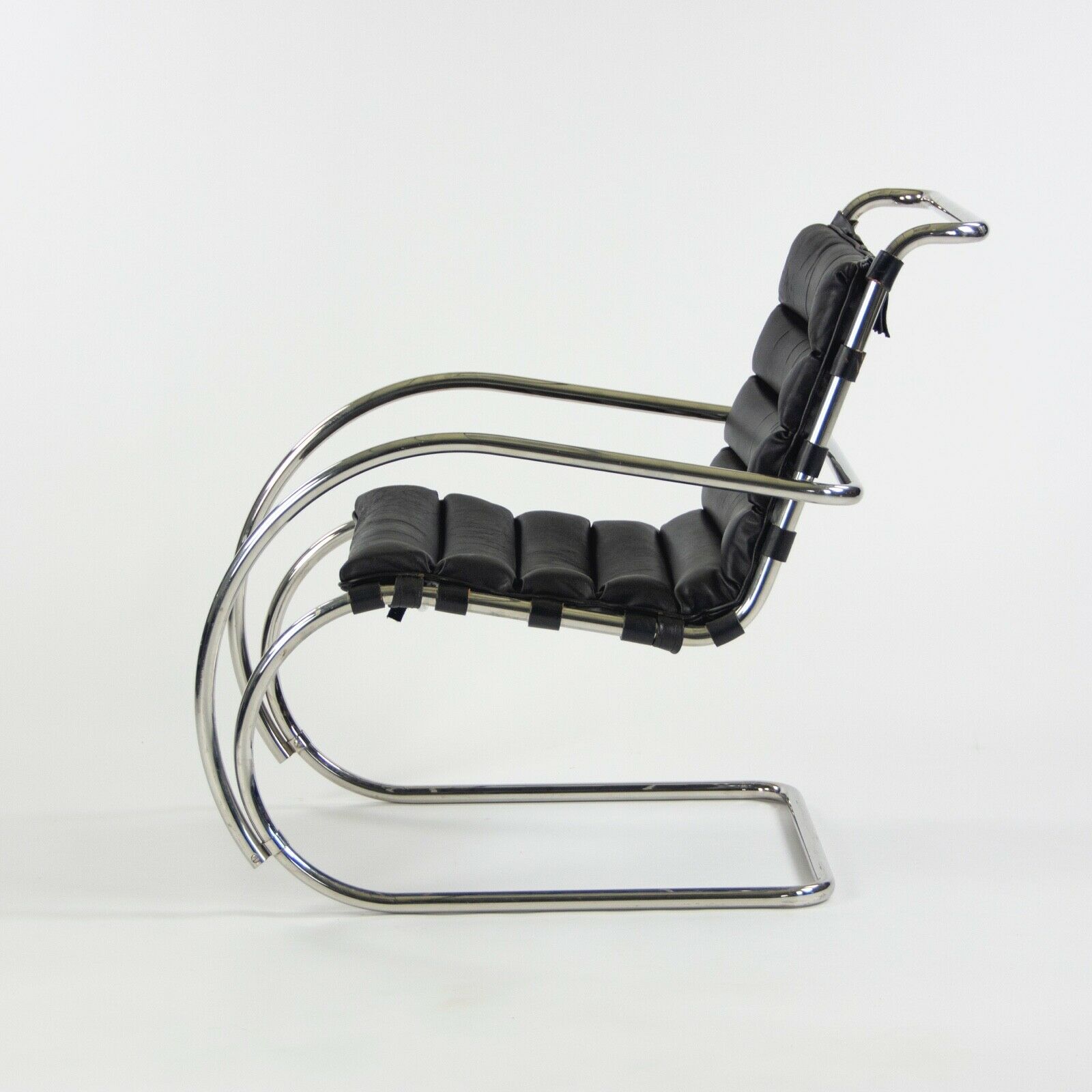 1970s Mies Van Der Rohe Knoll MR Black Leather & Chrome Lounge Chairs with Arms