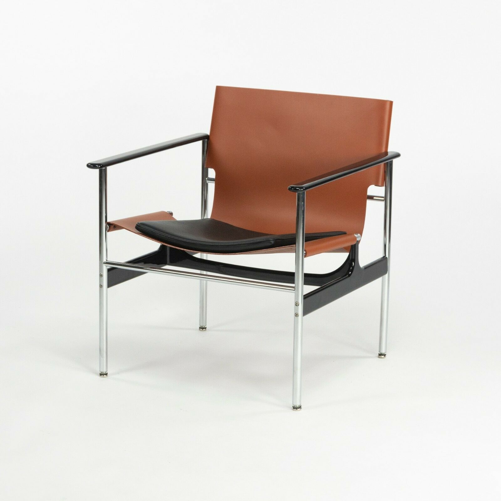 SOLD 2020 Charles Pollock for Knoll Sling Arm Chair Cognac & Black Leather Chrome 657