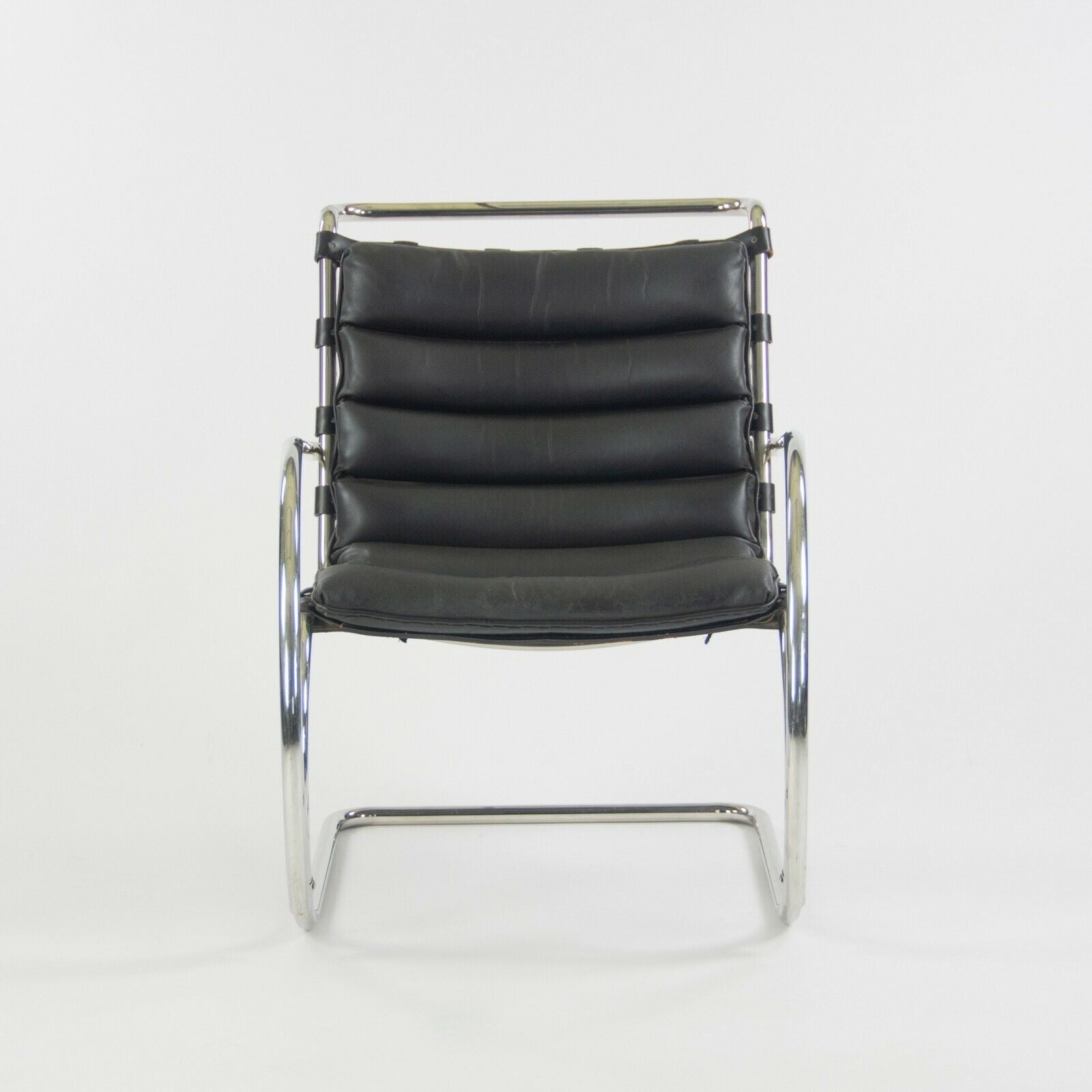 1970s Mies Van Der Rohe Knoll MR Black Leather & Chrome Lounge Chairs with Arms