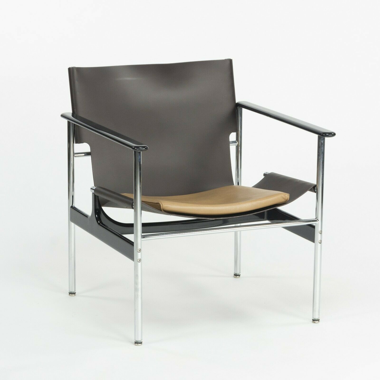 SOLD 2020 Charles Pollock for Knoll Sling Arm Chair Brown and Tan Leather Chrome 657