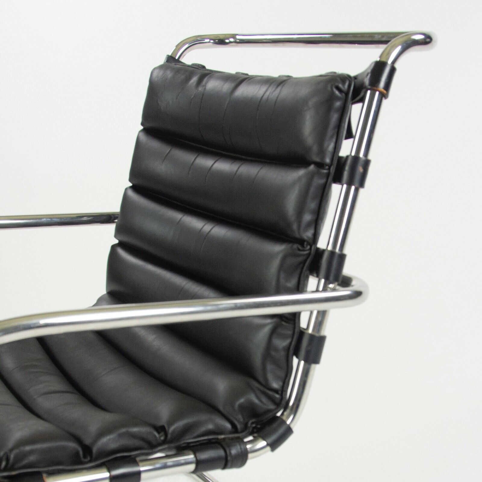 1970s Mies Van Der Rohe Knoll MR Black Leather & Chrome Lounge Chairs with Arms