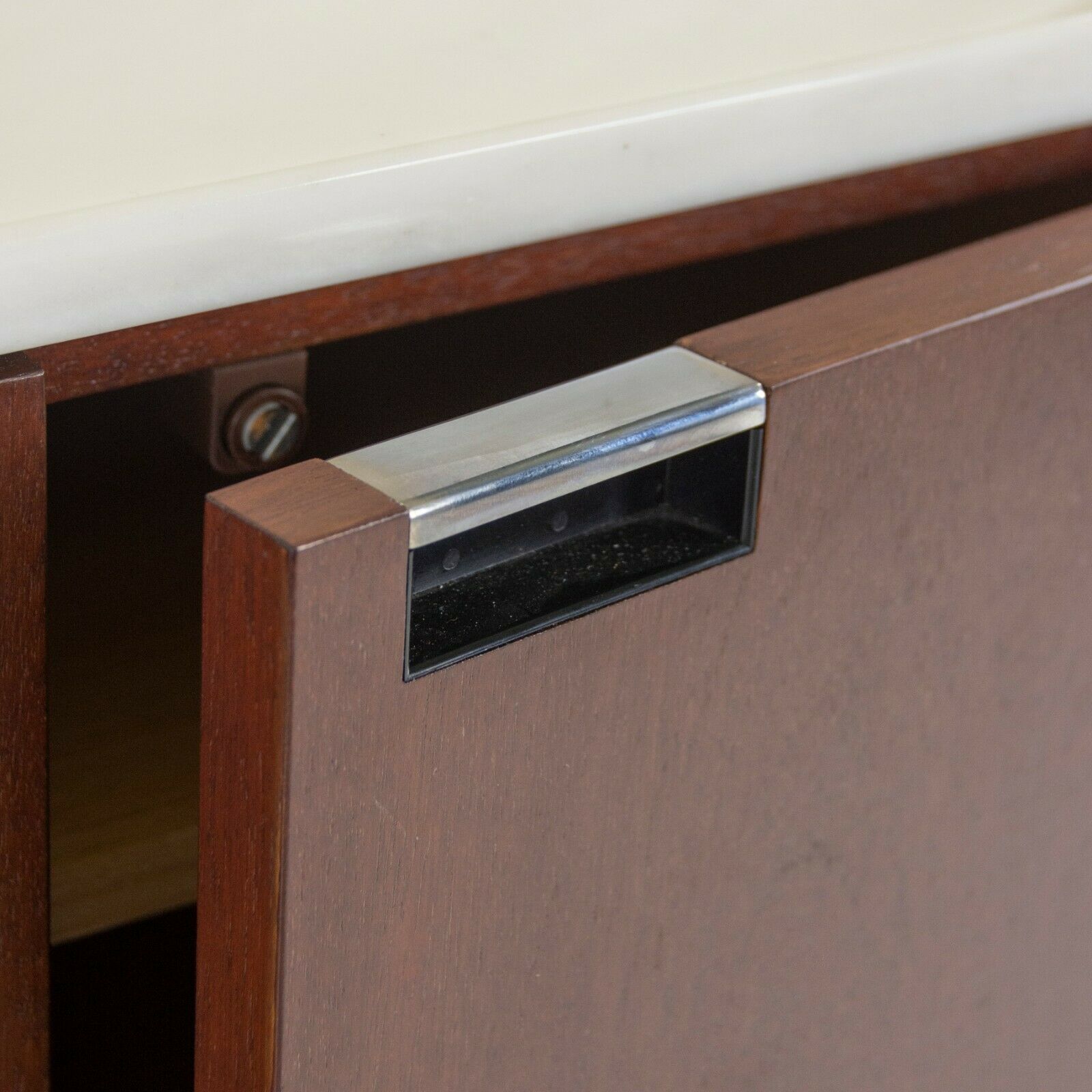 SOLD 1970s Florence Knoll for Knoll International 2 Door Credenza / Cabinet with White Marble Top