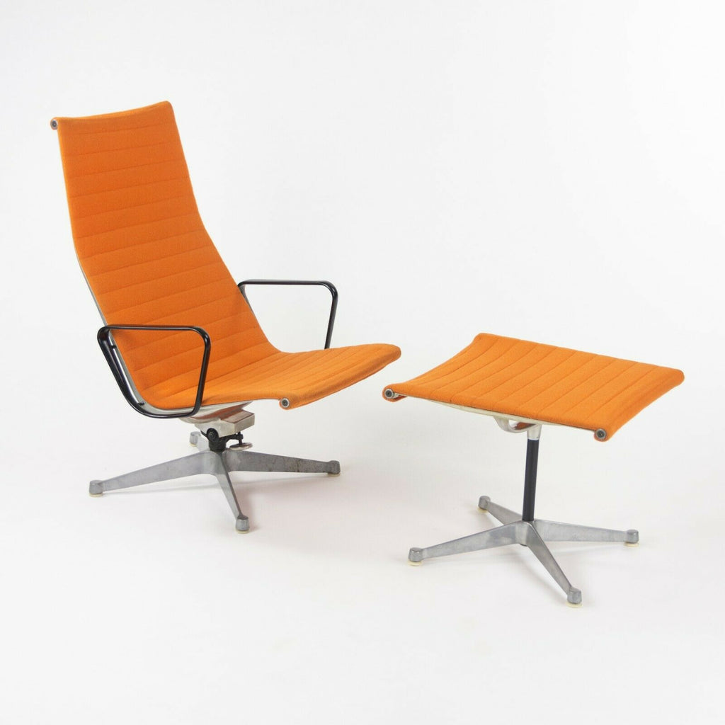 SOLD 1960s Herman Miller Eames Aluminum Group Lounge Chair and Ottoman w/ Orange Fabric