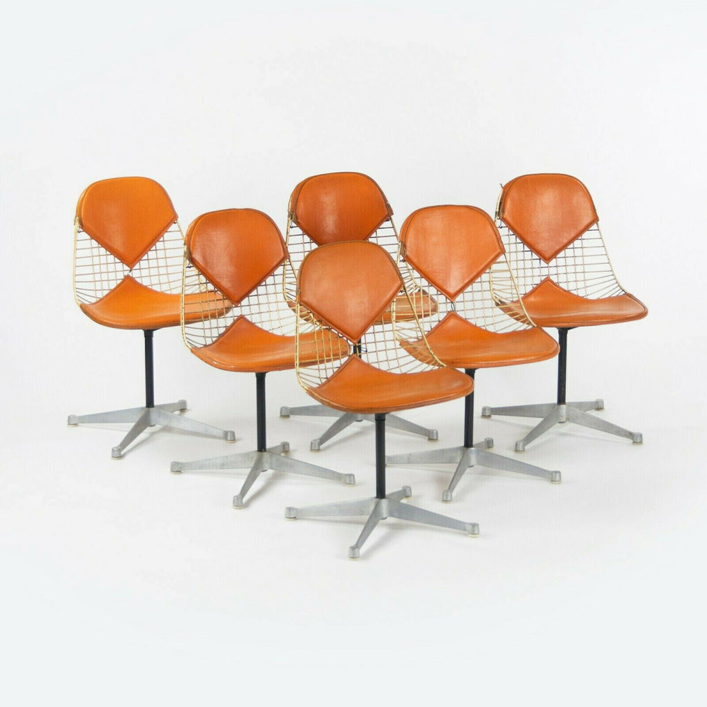 C. 1961 Set of 6 Herman Miller Eames Orange Bikini Pad Swivel PKC2 Dining Chairs