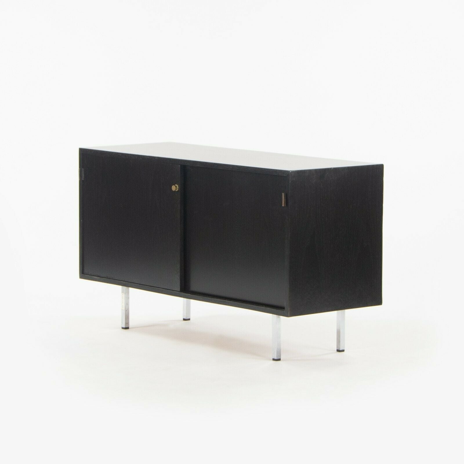 SOLD 1981 Florence Knoll 48in Black Sliding Door Cabinet Credenza with Leather Pulls