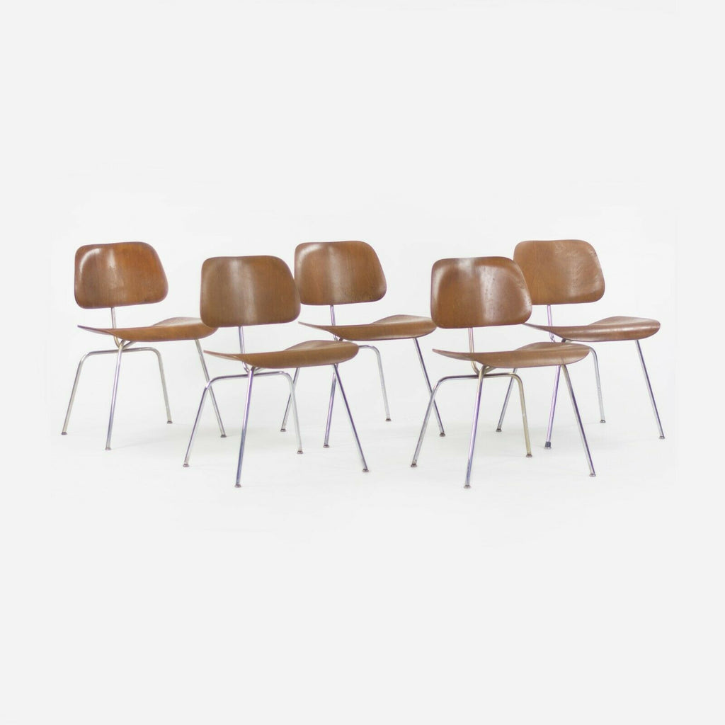 1948 Eames Evans for Herman Miller DCM Dining Chairs Metal and Walnut Set of Five