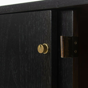 SOLD 1981 Florence Knoll 48in Black Sliding Door Cabinet Credenza with Leather Pulls