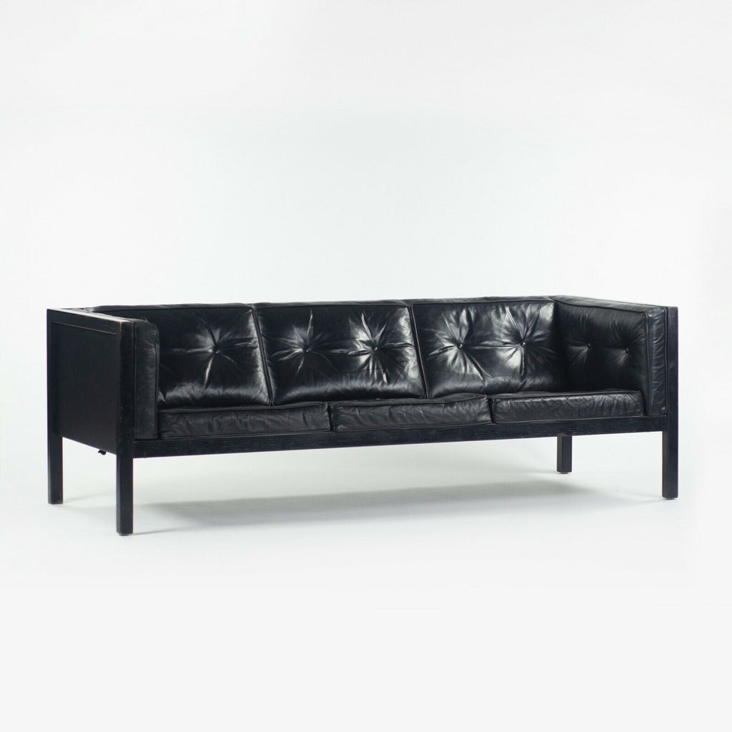 SOLD 1960s George Nelson for Herman Miller Cube 3 Seat Sofa Black Leather Oak Frame