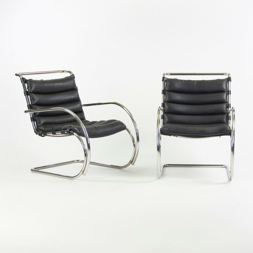 1970s Mies Van Der Rohe Knoll MR Black Leather & Chrome Lounge Chairs with Arms