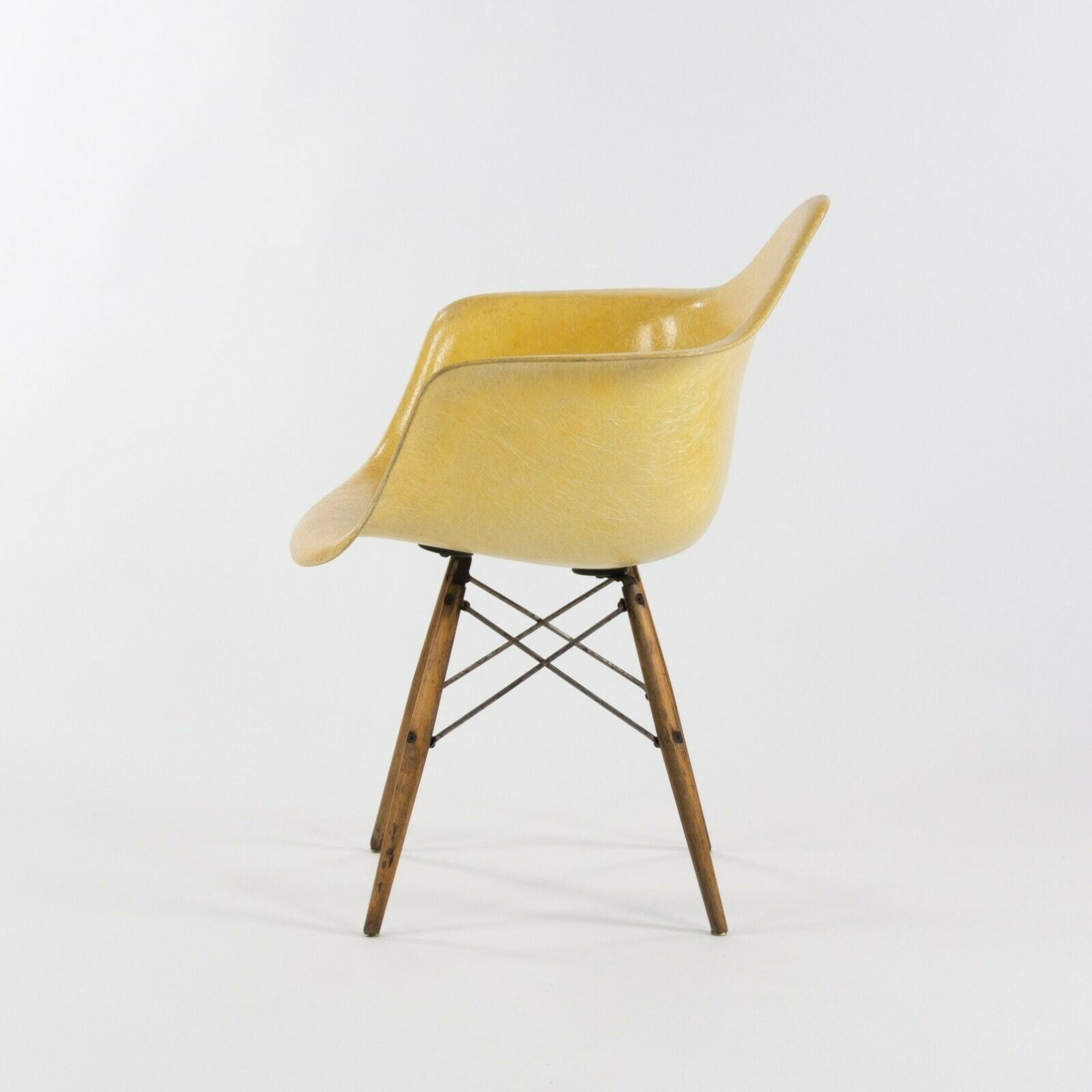 SOLD 1951 Herman Miller Eames Zenith DAW Lemon Yellow Arm Shell Chair w Dowel & Rope Edge