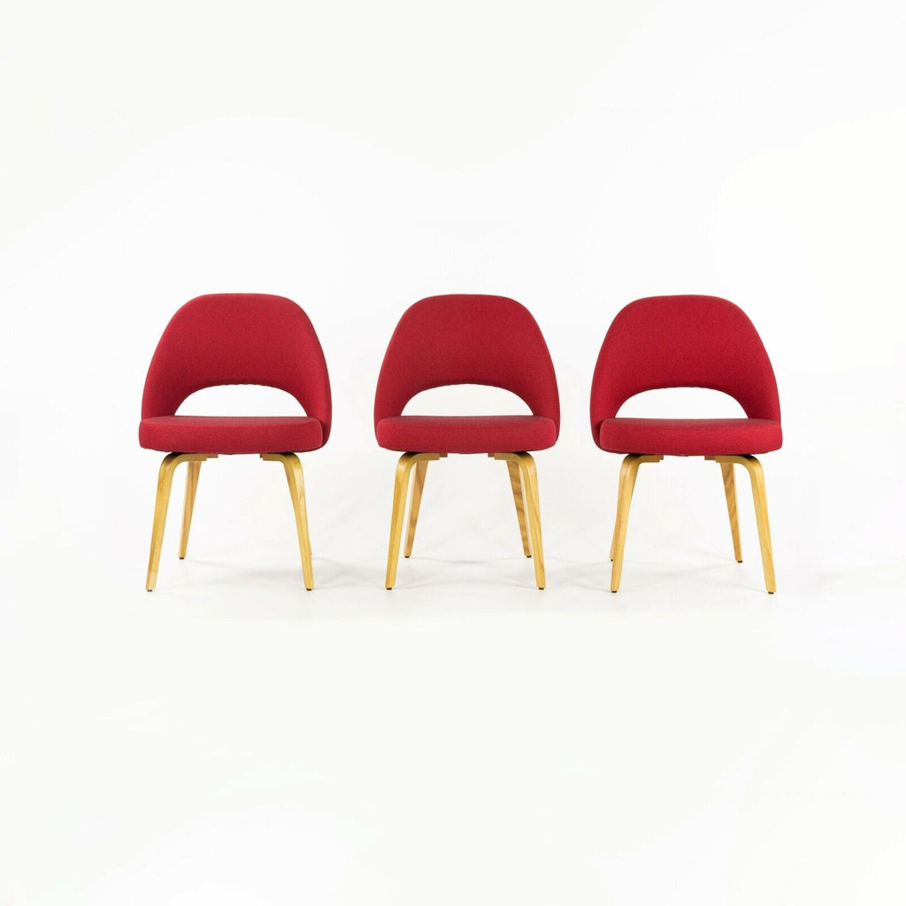 SOLD 2021 Eero Saarinen for Knoll Armless Executive Chairs with Wood Legs and Red Fabric 3 Available