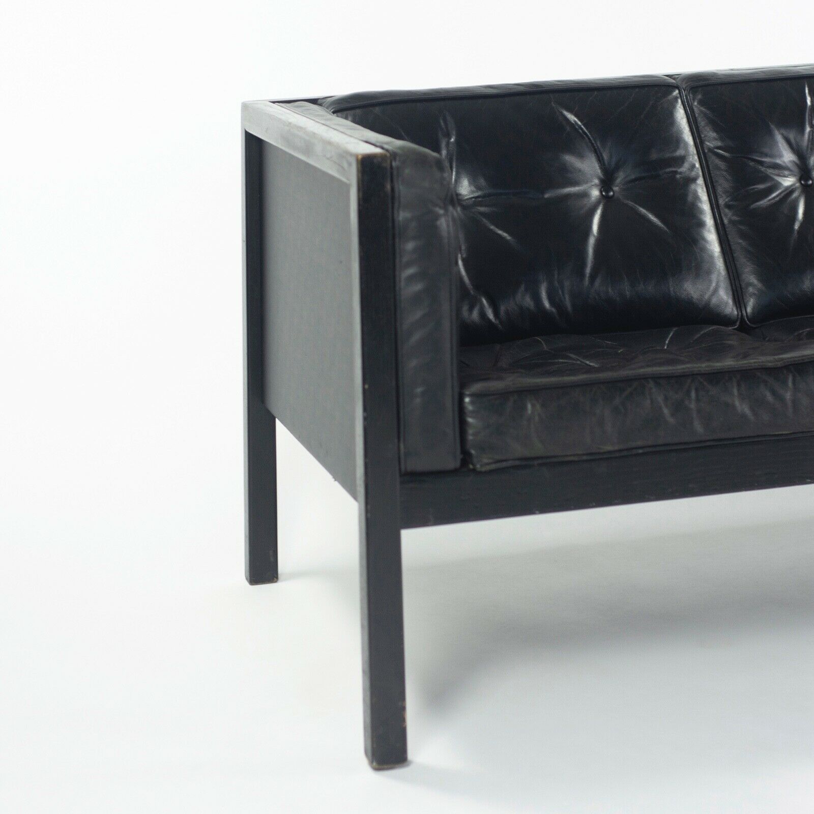 SOLD 1960s George Nelson for Herman Miller Cube 3 Seat Sofa Black Leather Oak Frame