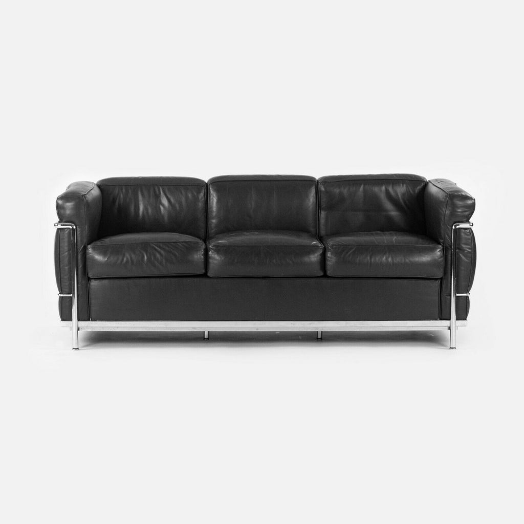 SOLD 1980s Le Corbusier Cassina LC2 Black Leather and Chrome Petit Modele 3-Seat Sofa