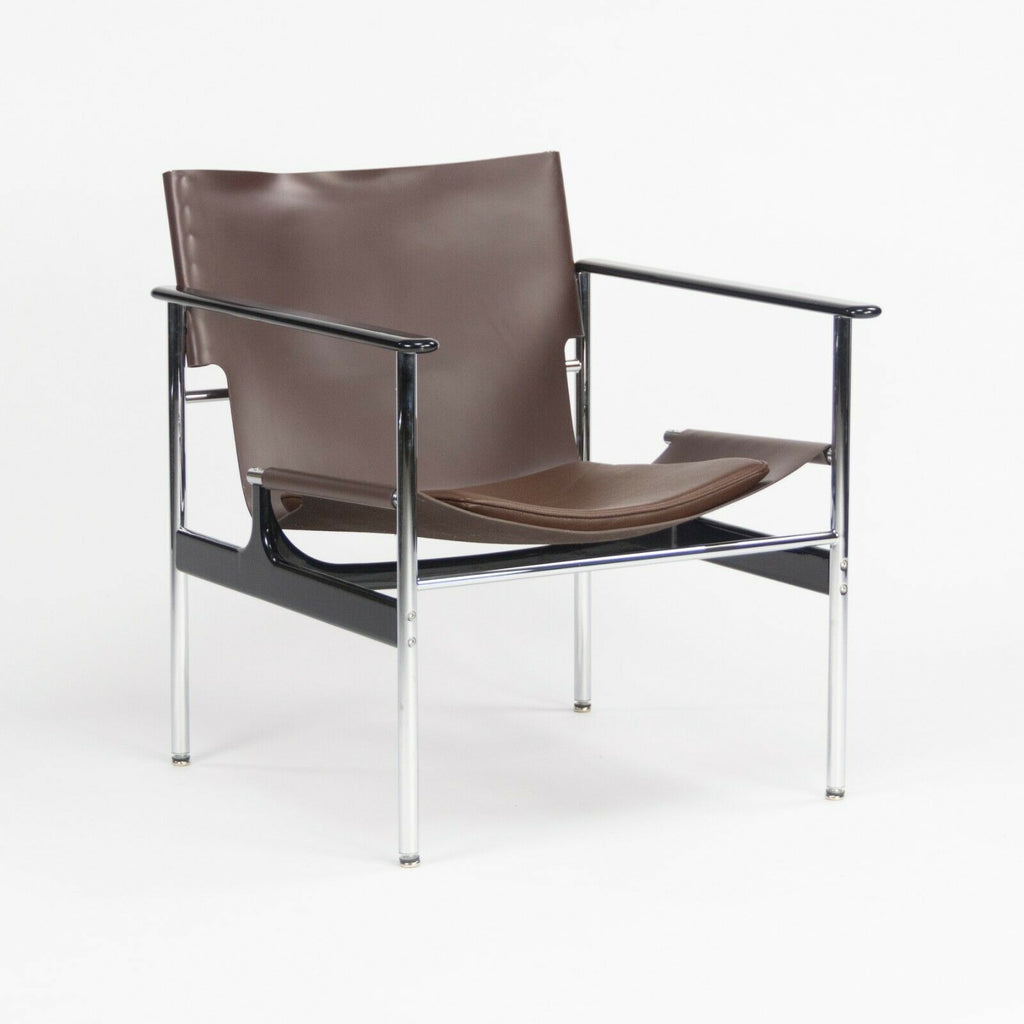 2020 Charles Pollock for Knoll Sling Arm Chair in Brown Leather and Chrome # 657