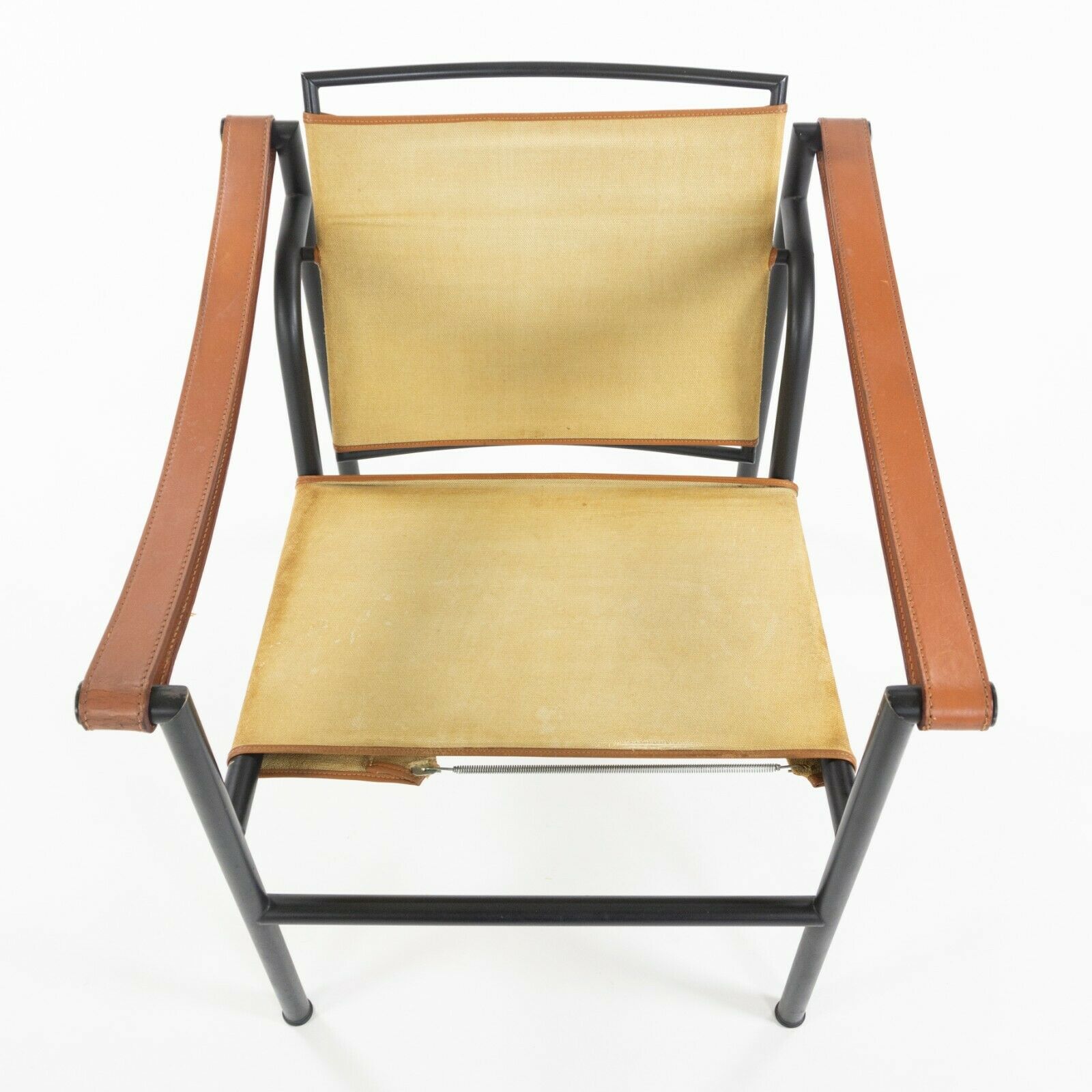 SOLD 1980s Vintage Pair Le Corbusier Cassina LC1 Basculant Lounge Chairs Canvas Upholstery