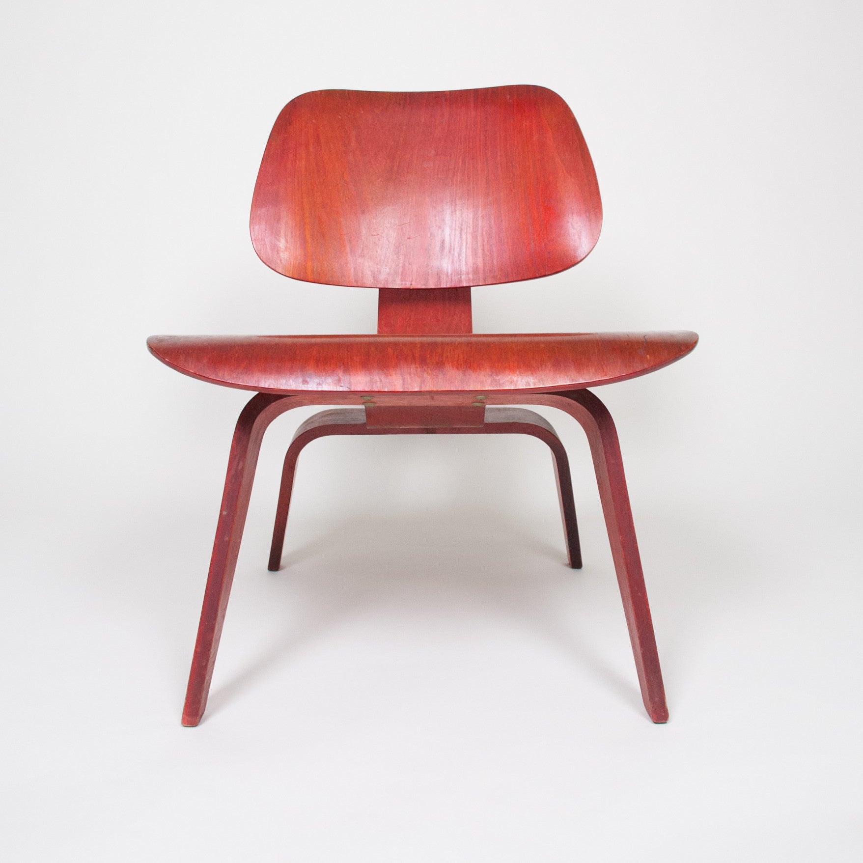 SOLD Eames Herman Miller Early 50's LCW Early Red Aniline, All Original Lounge Chair