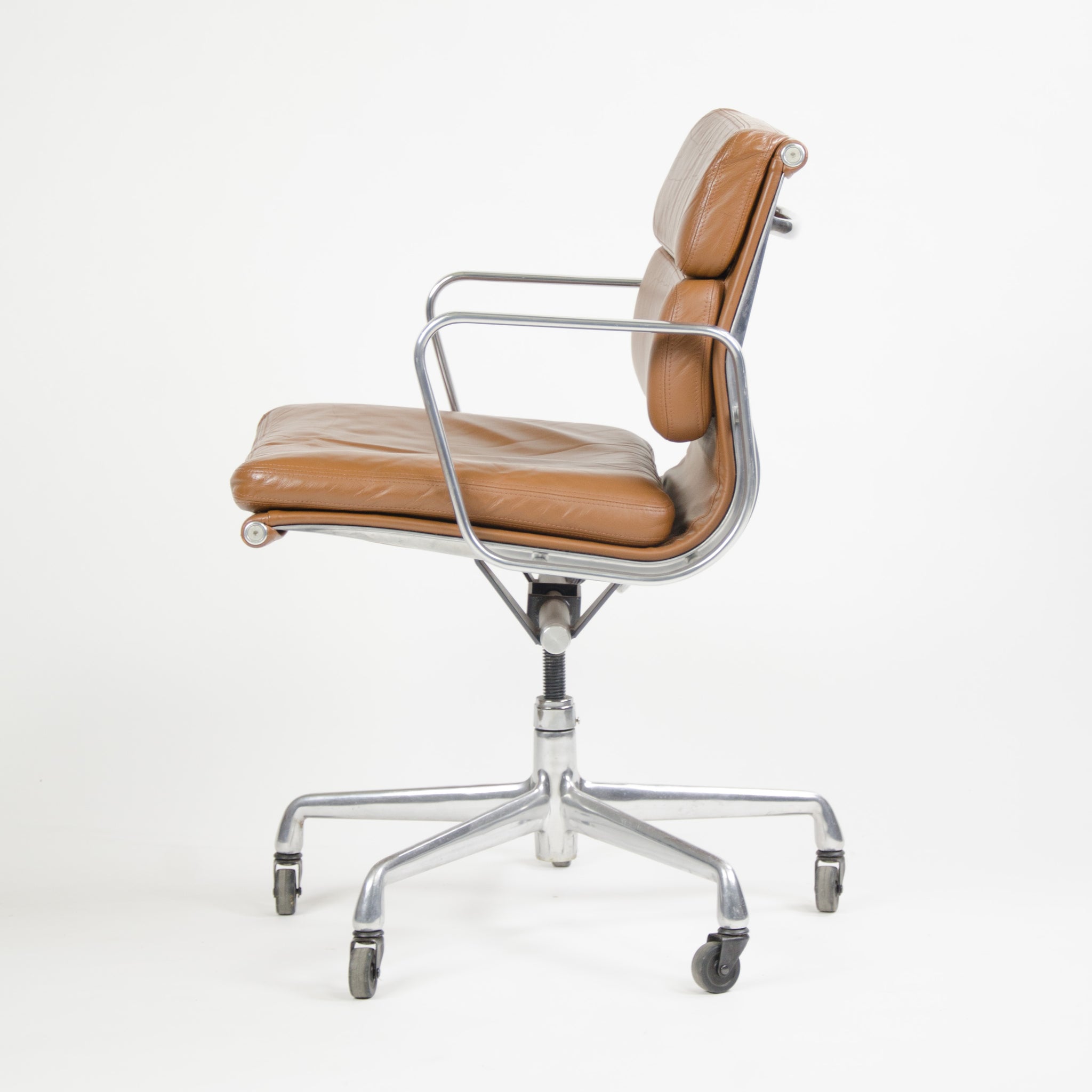 SOLD 2000's Cognac Eames Herman Miller Soft Pad Aluminum Group Desk Chairs 4x