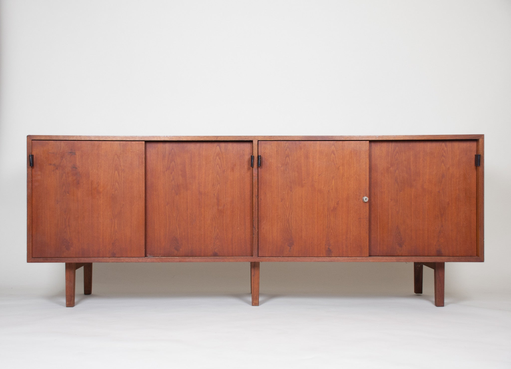 SOLD Florence Knoll Vintage Walnut Wood Credenza Cabinet Sideboard with Leather Pulls