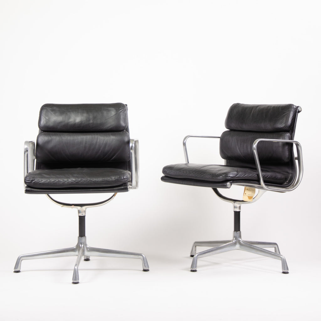 SOLD Pair Eames Herman Miller Soft Pad Aluminum Chairs Black Leather with Girard Fabric