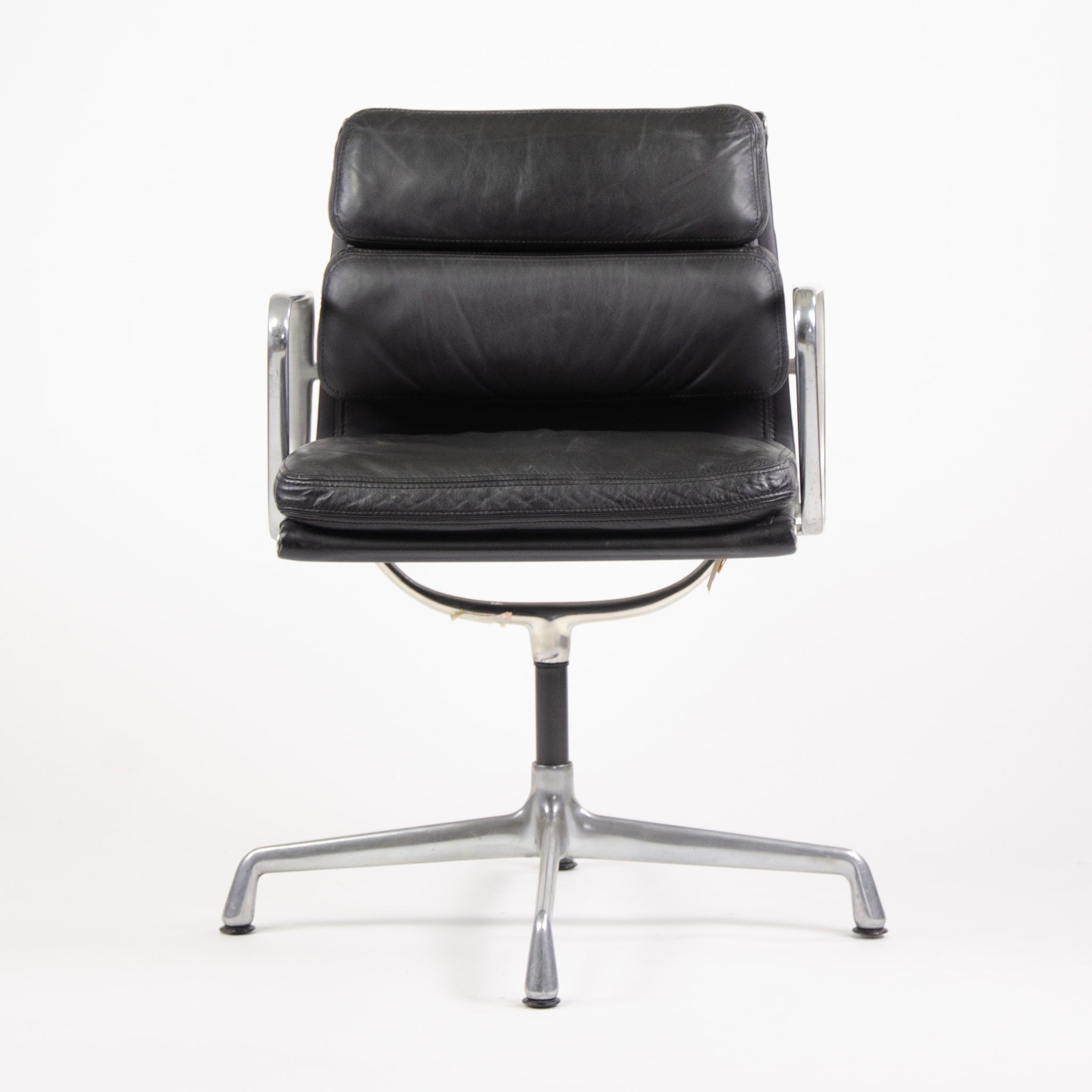 SOLD Pair Eames Herman Miller Soft Pad Aluminum Chairs Black Leather with Girard Fabric