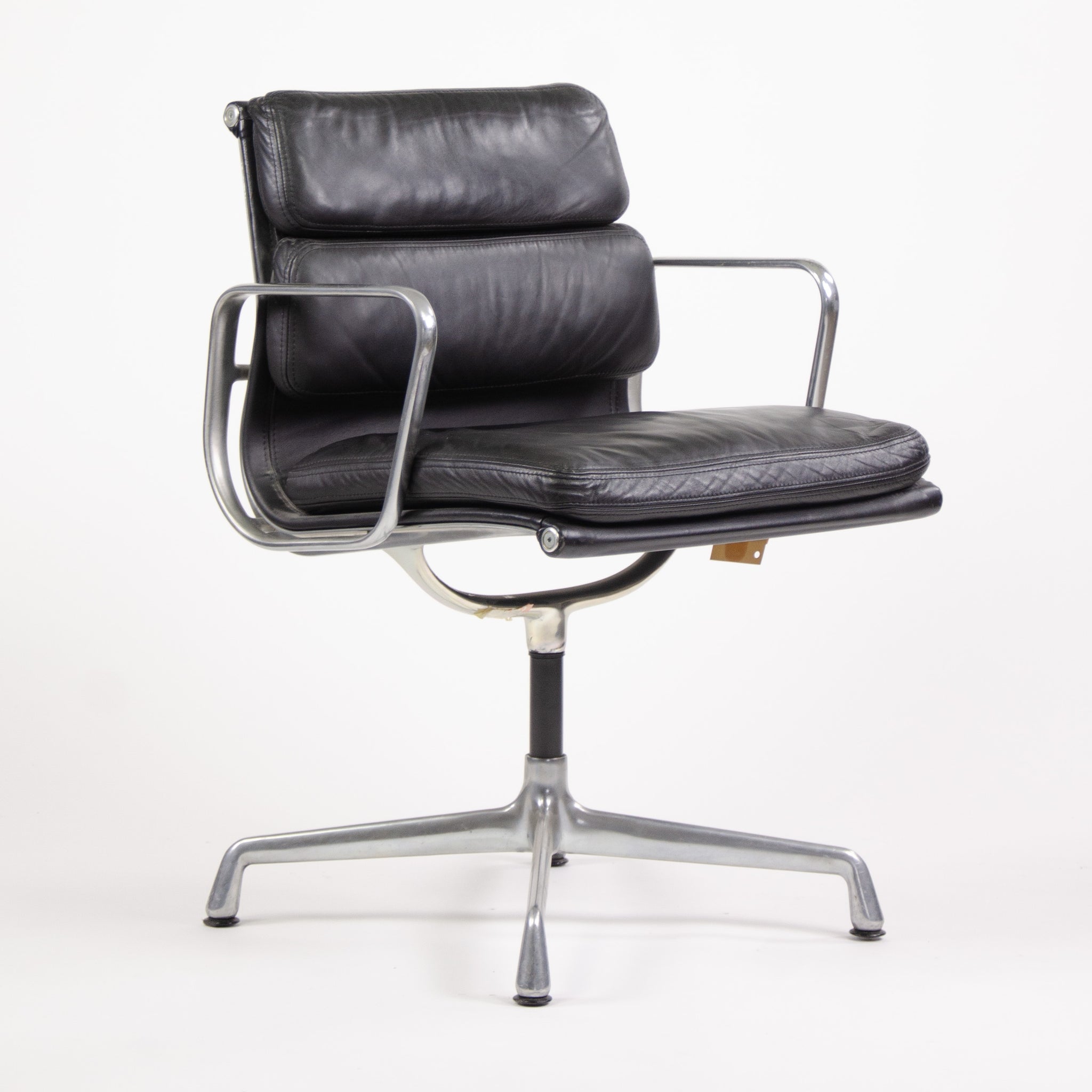 SOLD Pair Eames Herman Miller Soft Pad Aluminum Chairs Black Leather with Girard Fabric