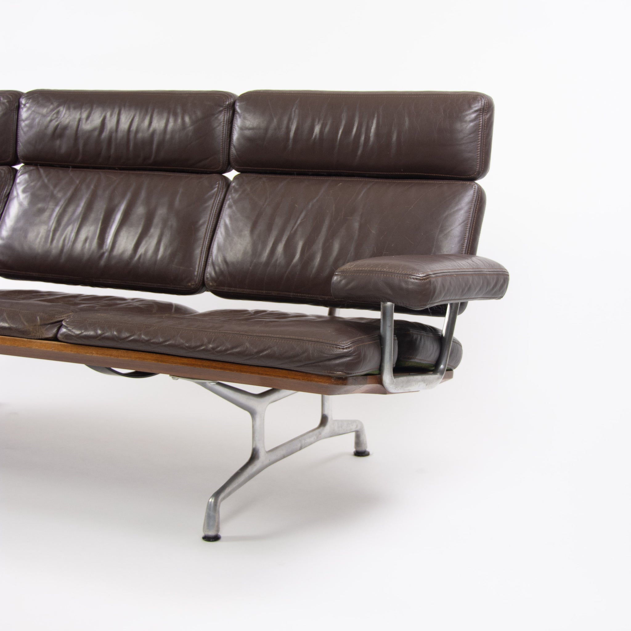 1980s Vintage Eames Herman Miller Three Seater Sofa Walnut and Brown Leather #1