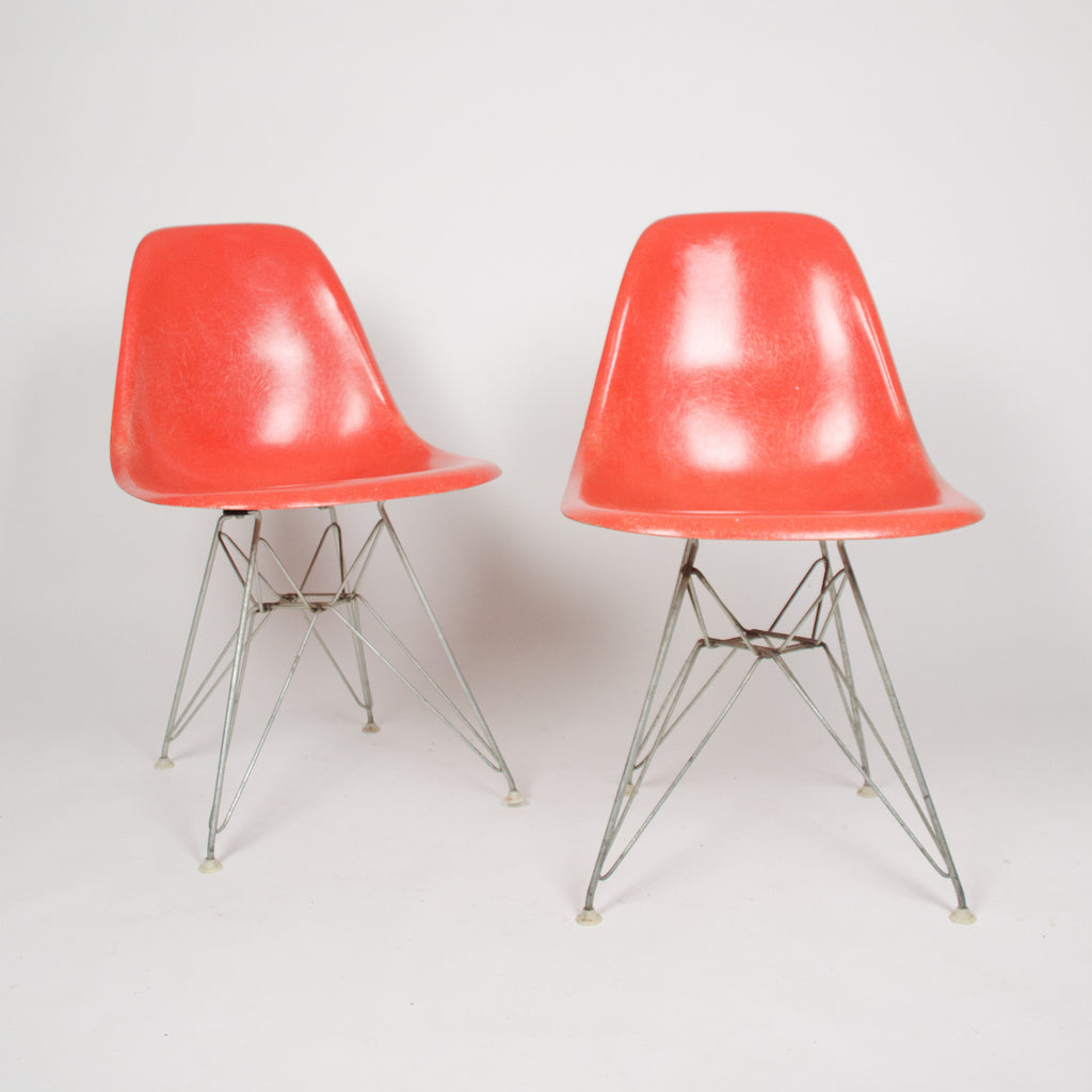SOLD Herman Miller Eames Pair of Original Eiffel Tower Fiberglass Shell Chairs Red