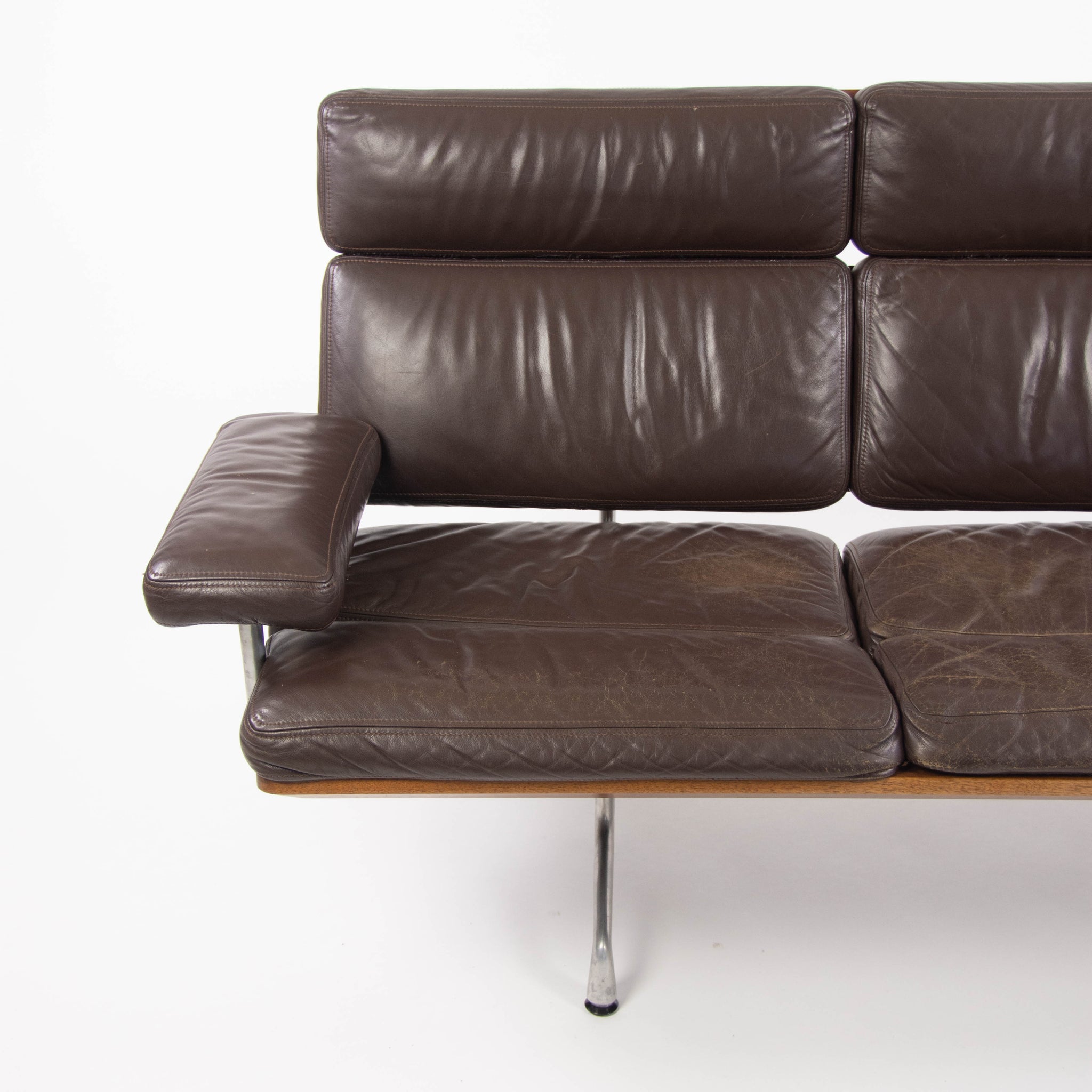 1980s Vintage Eames Herman Miller Three Seater Sofa Walnut and Brown Leather #2