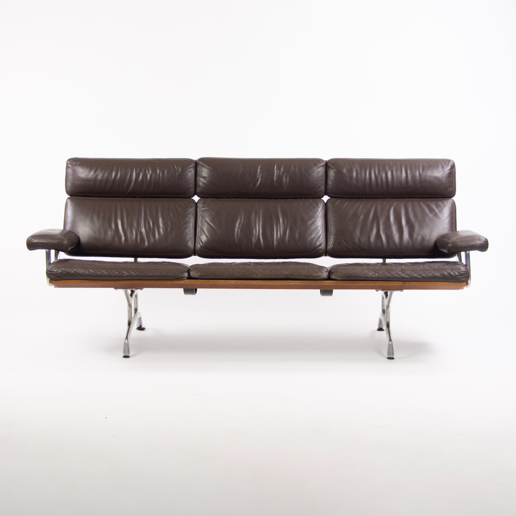 1980s Vintage Eames Herman Miller Three Seater Sofa Walnut and Brown Leather #2