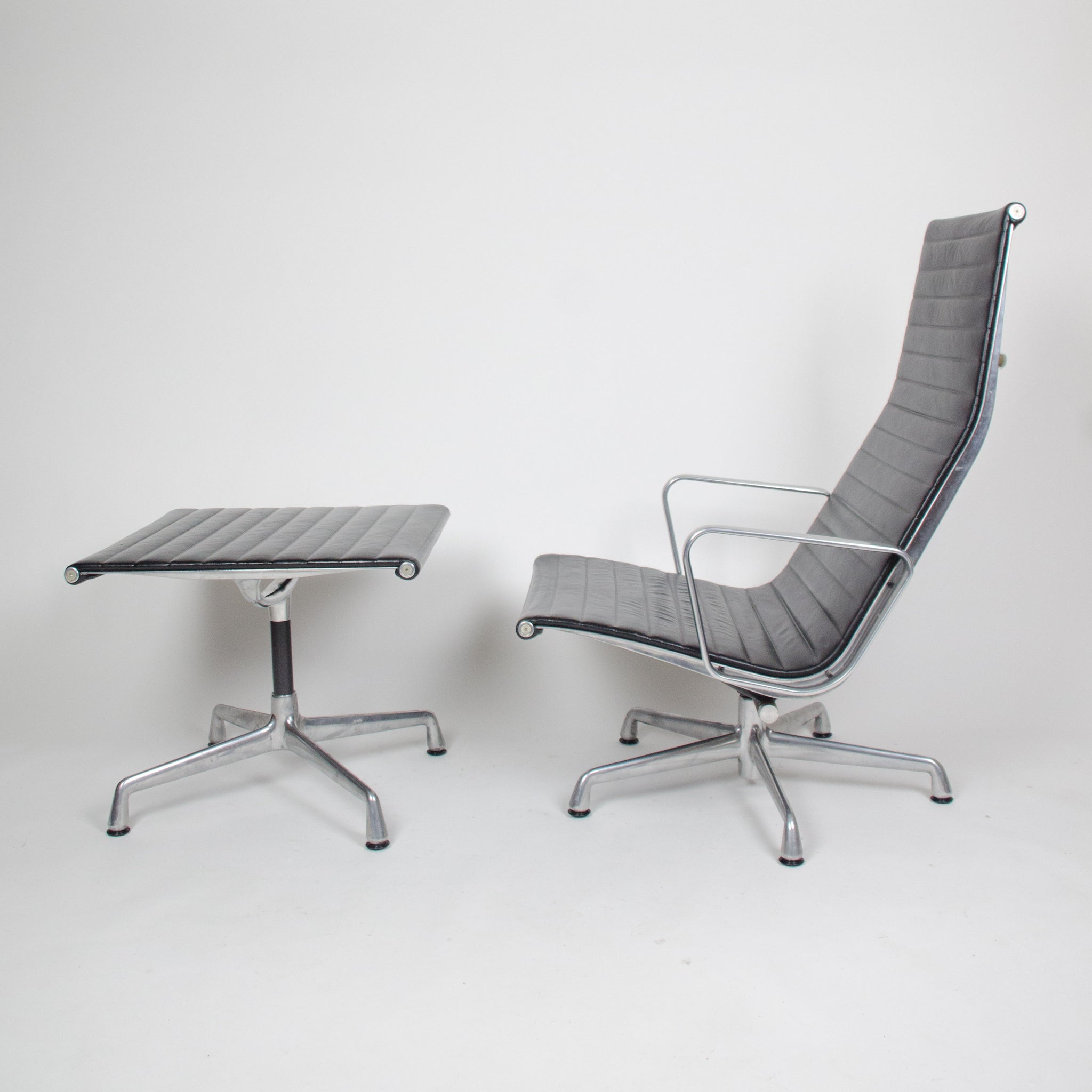 SOLD Eames Herman Miller High Back Aluminum Lounge Chair with Ottoman Black Leather