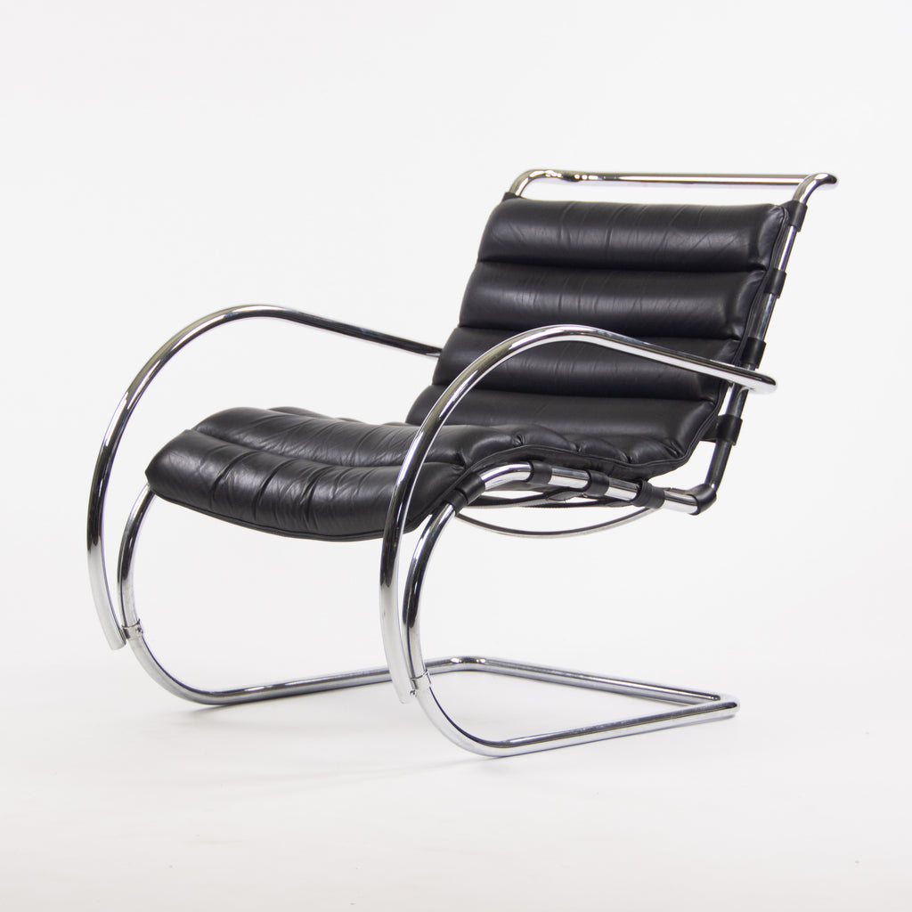 SOLD Mies Van Der Rohe Vintage MR Lounge Chair with Arms Black Leather Chrome Knoll